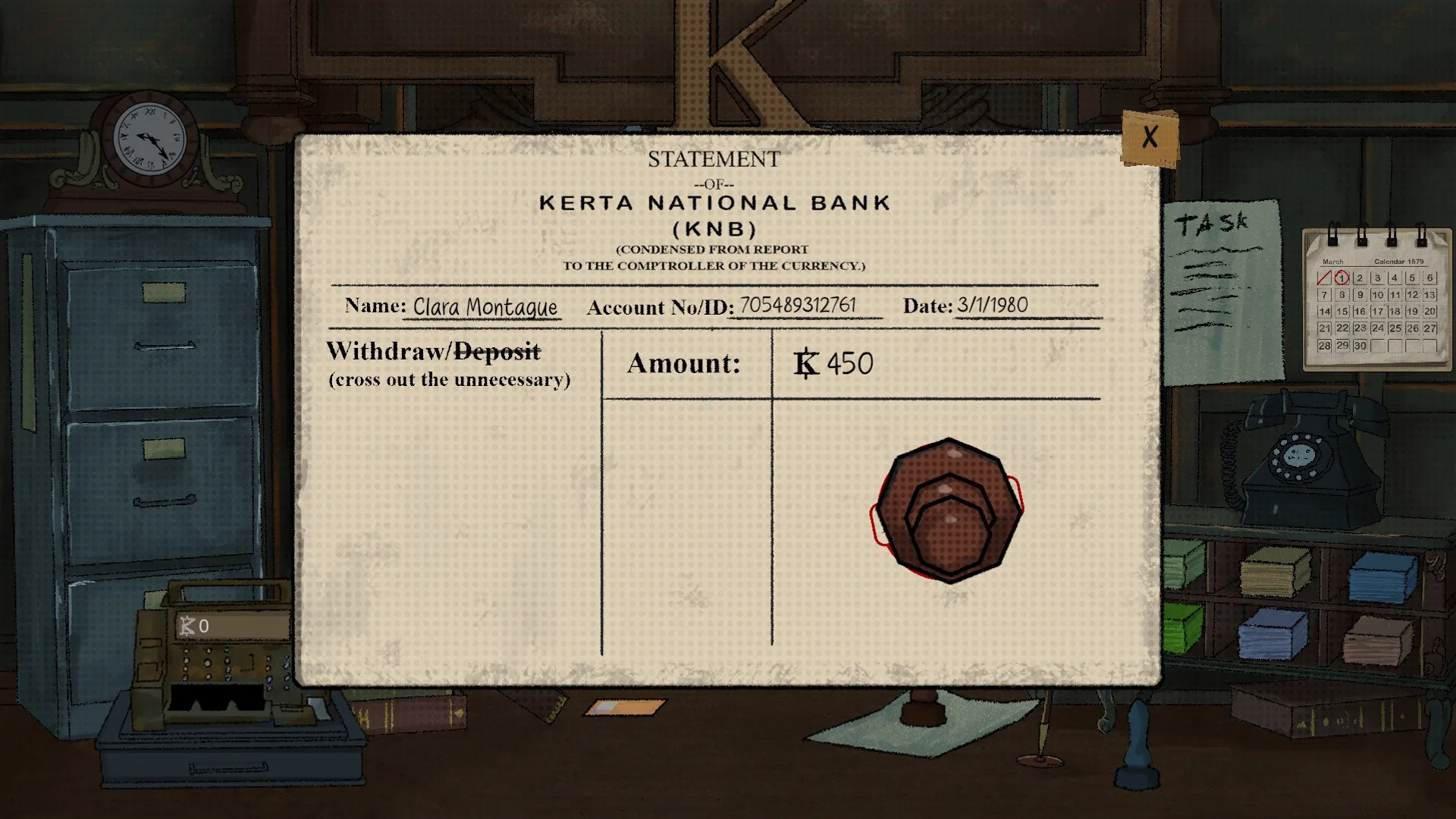 Teller's Duty: Bank statement interface with withdrawal option and amount, vintage office setting