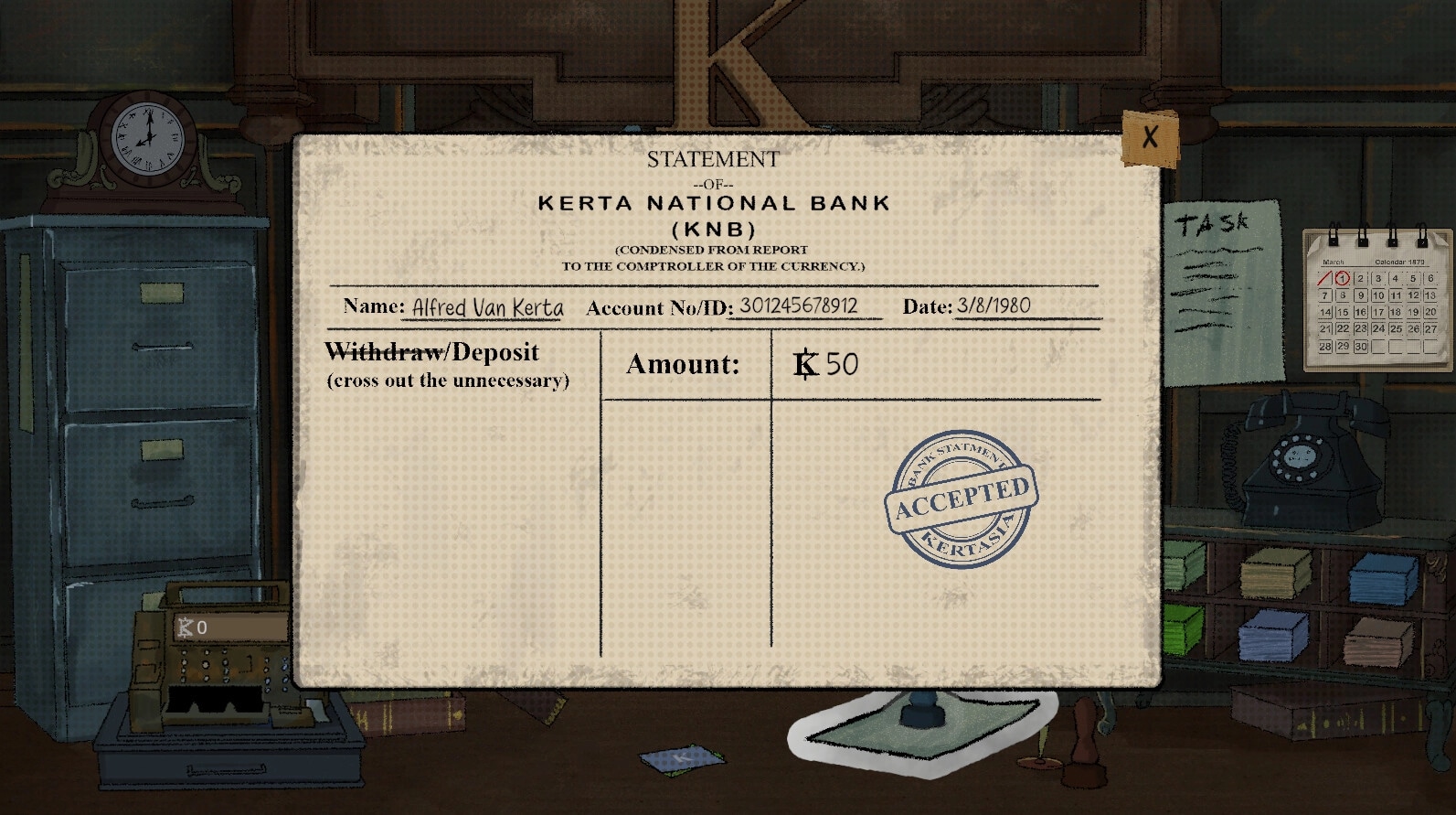 Teller's Duty: Bank statement approval for Alfred Van Kerta at desk with calendar and typewriter nearby