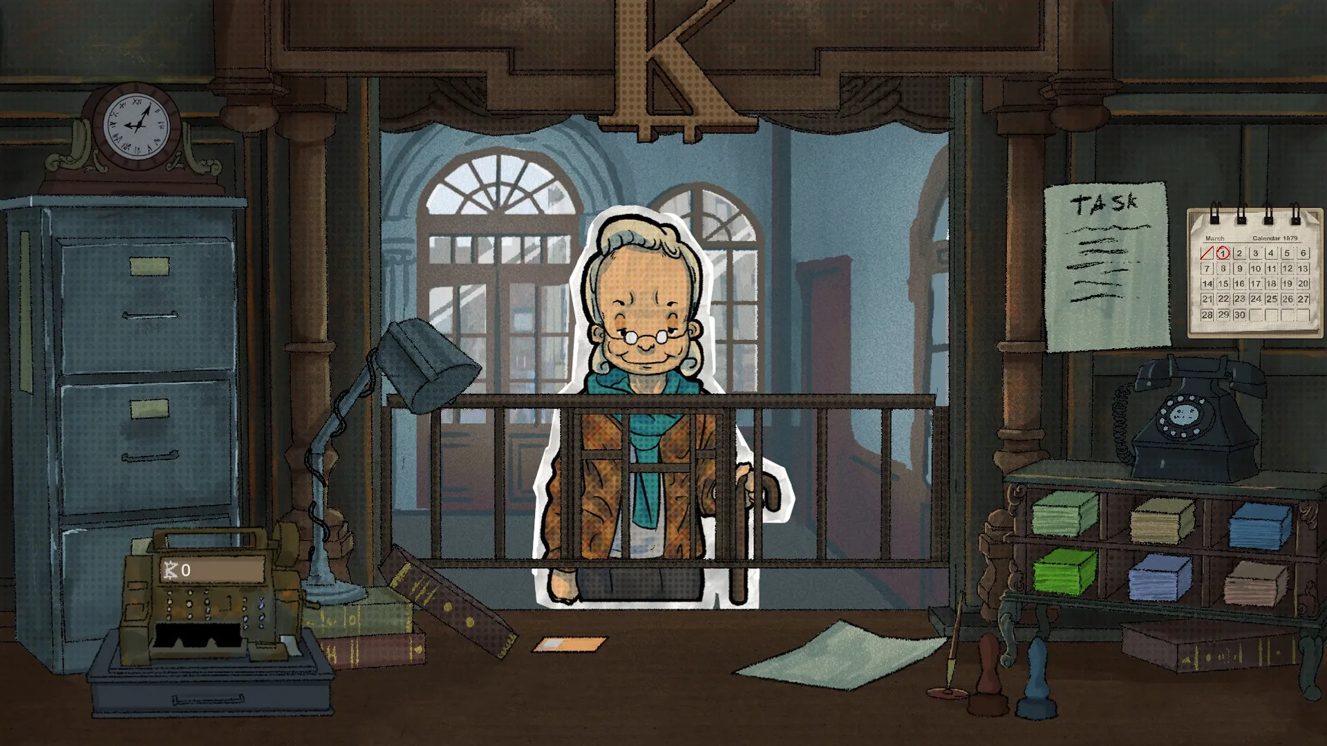 Teller's Duty: Elderly customer at counter, surrounded by vintage bank decor, tasks list, and calendar.