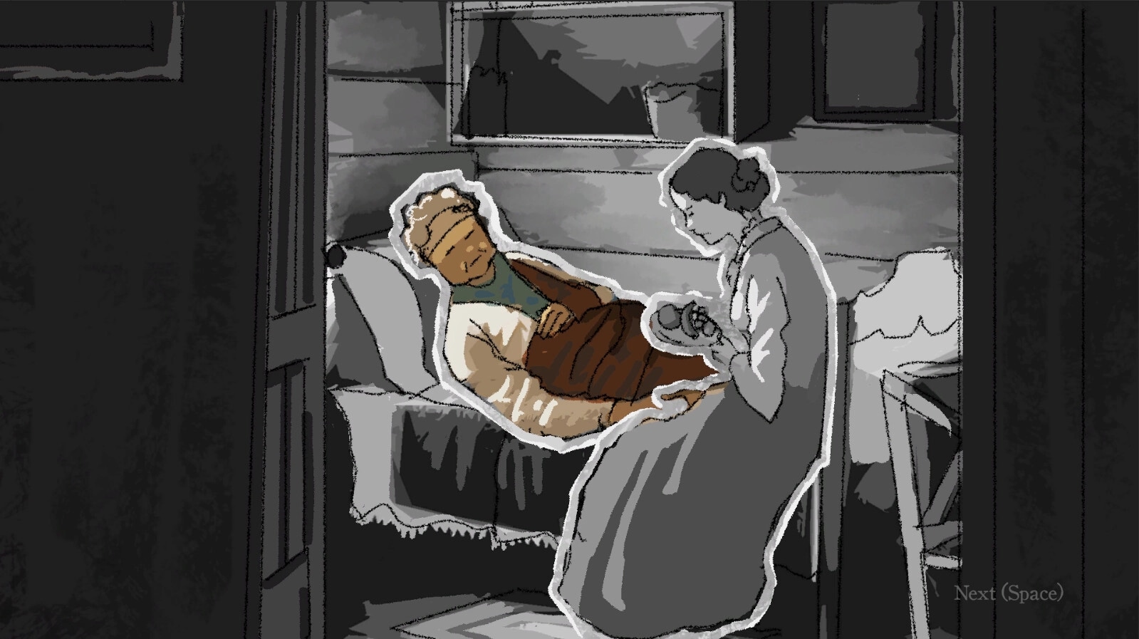 Teller's Duty: Woman tending to an elderly patient in a dimly lit room, conveying care and concern.