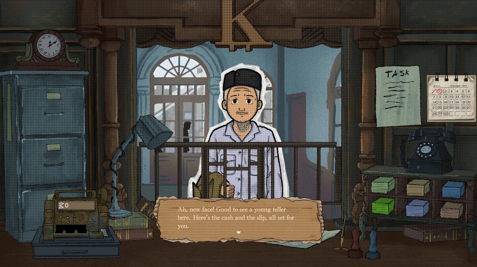 Teller's Duty: Customer interaction at bank counter with clock, tasks, and calendar in background