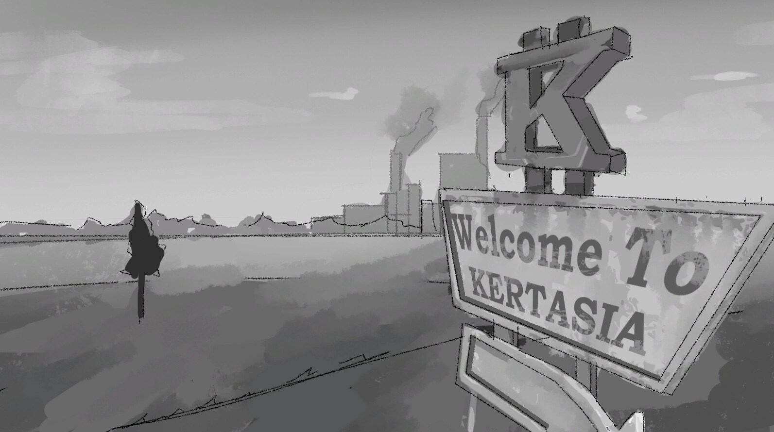 Teller's Duty: Distant view of Kertasia's industrial skyline with a "Welcome to Kertasia" sign in foreground
