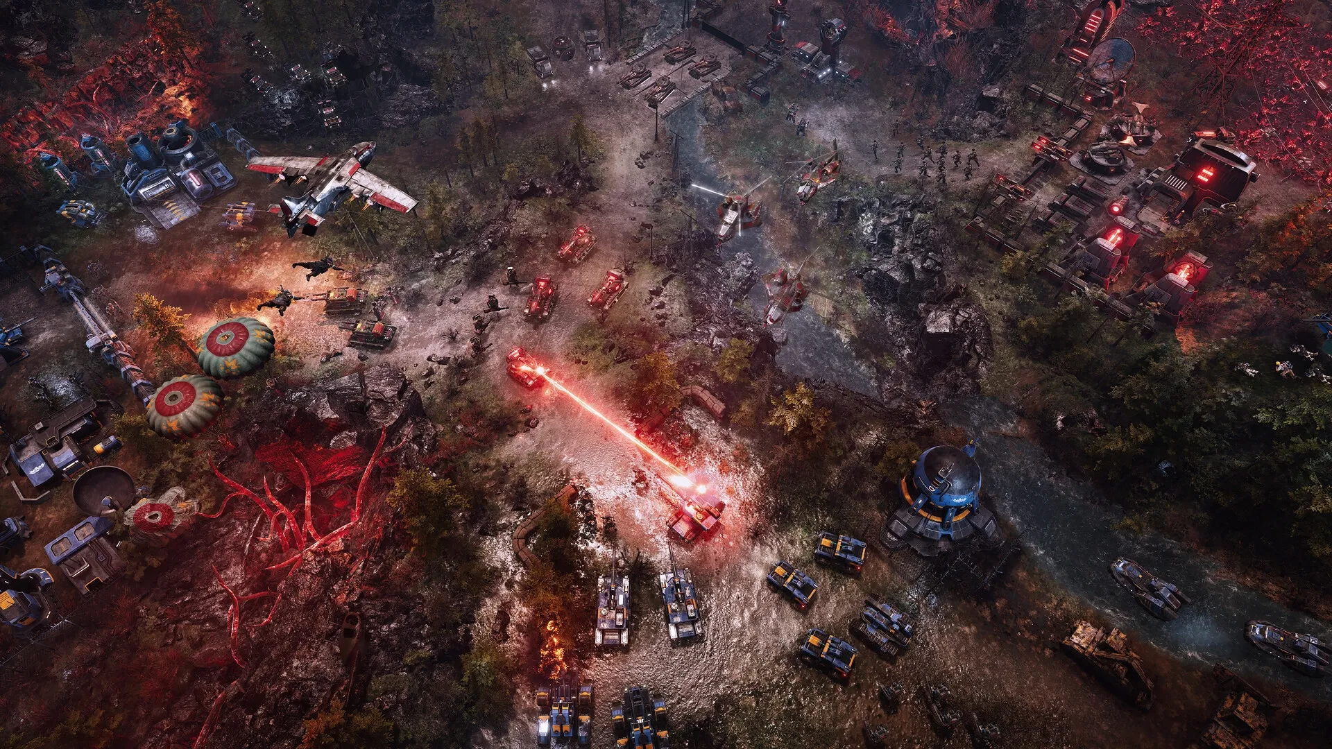 Tempest Rising: Aerial assault with parachuting soldiers over war-torn forest landscape and military bases