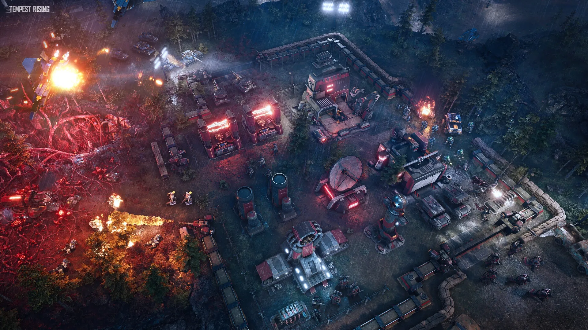 Tempest Rising: Aerial combat and ground forces clash near fortified base in post-apocalyptic forest.