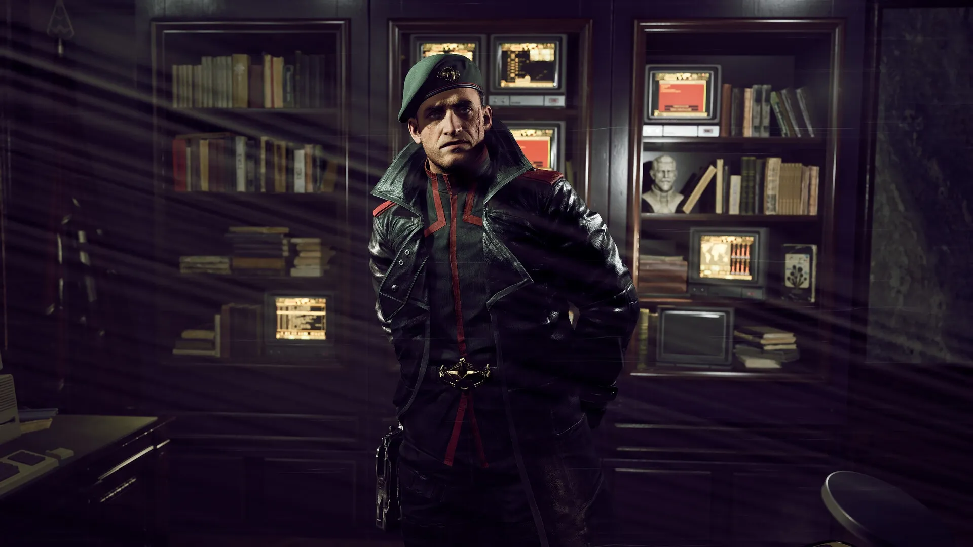 Tempest Rising: Military officer in black leather uniform stands in a dimly lit library with old books.