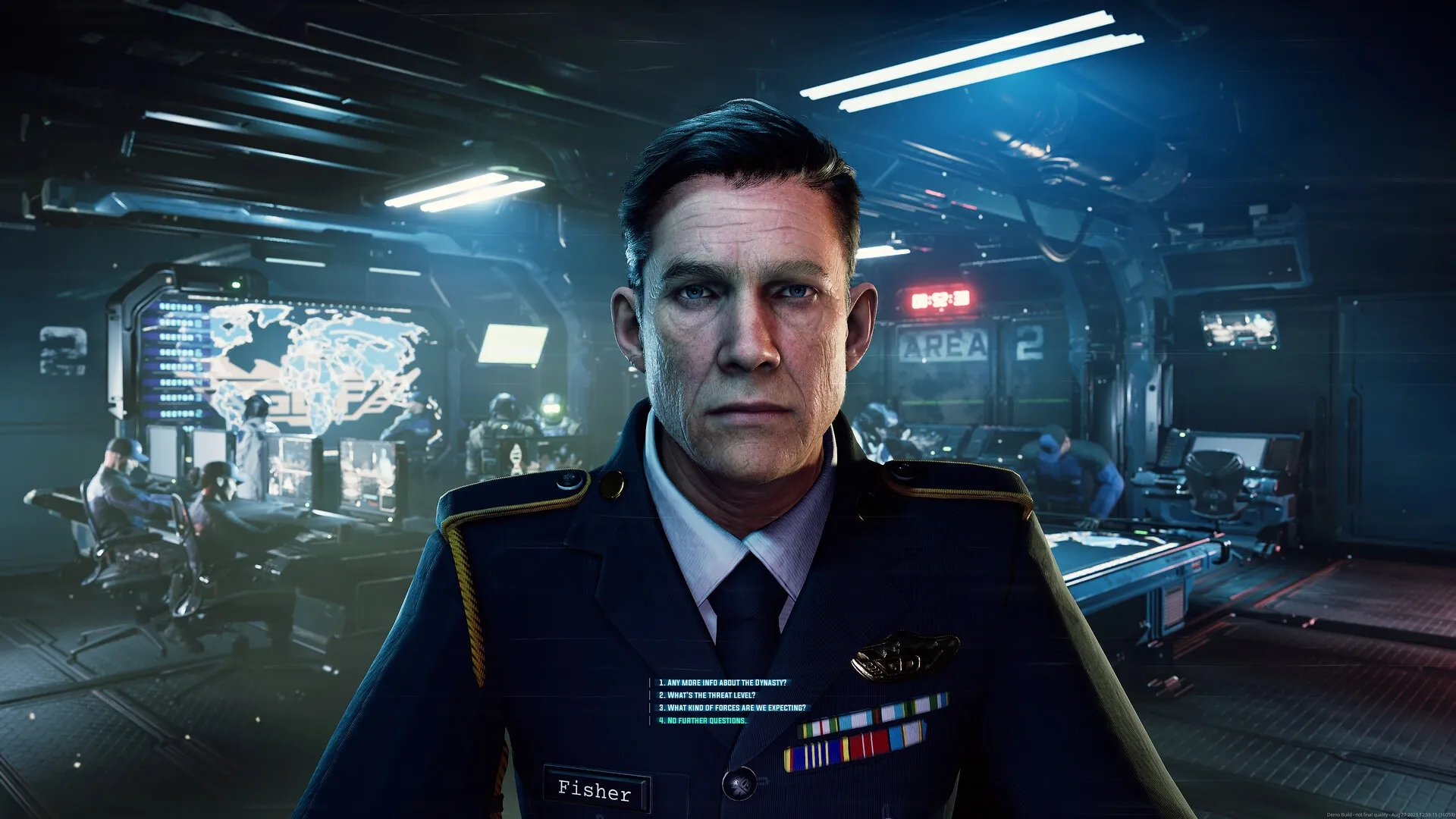 Tempest Rising: Commander Fisher in a high-tech command center with a world map and seated operators