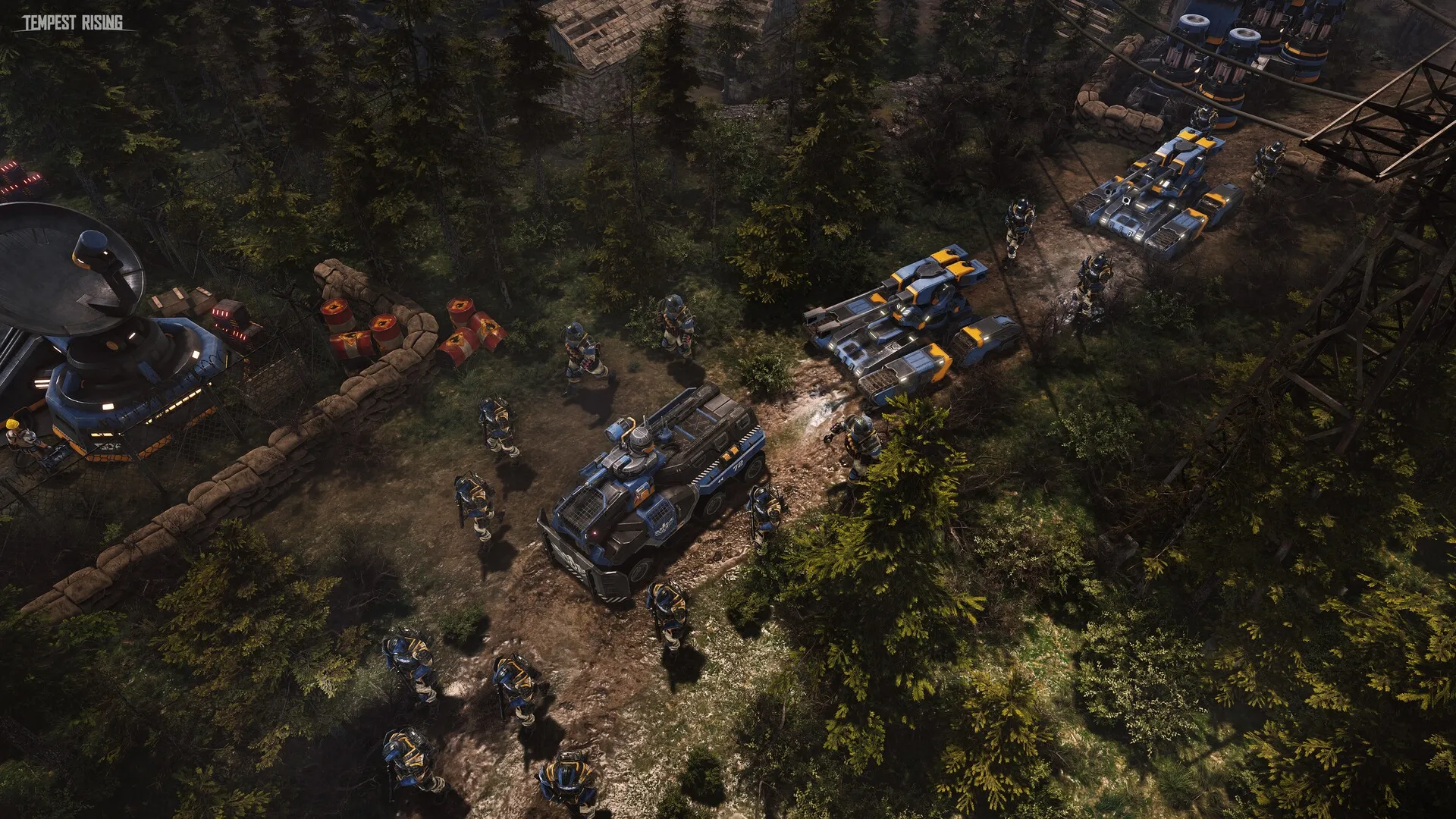 Tempest Rising: Armored vehicles and soldiers advance through a dense forest near a fortified base.