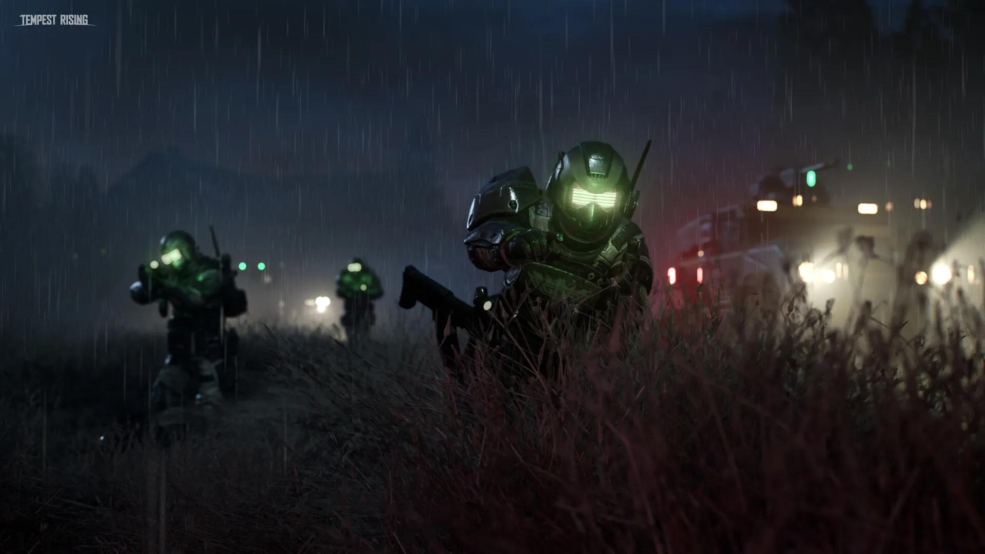Tempest Rising: Soldiers in tactical gear advance through rain-soaked grassland at night, vehicles nearby.