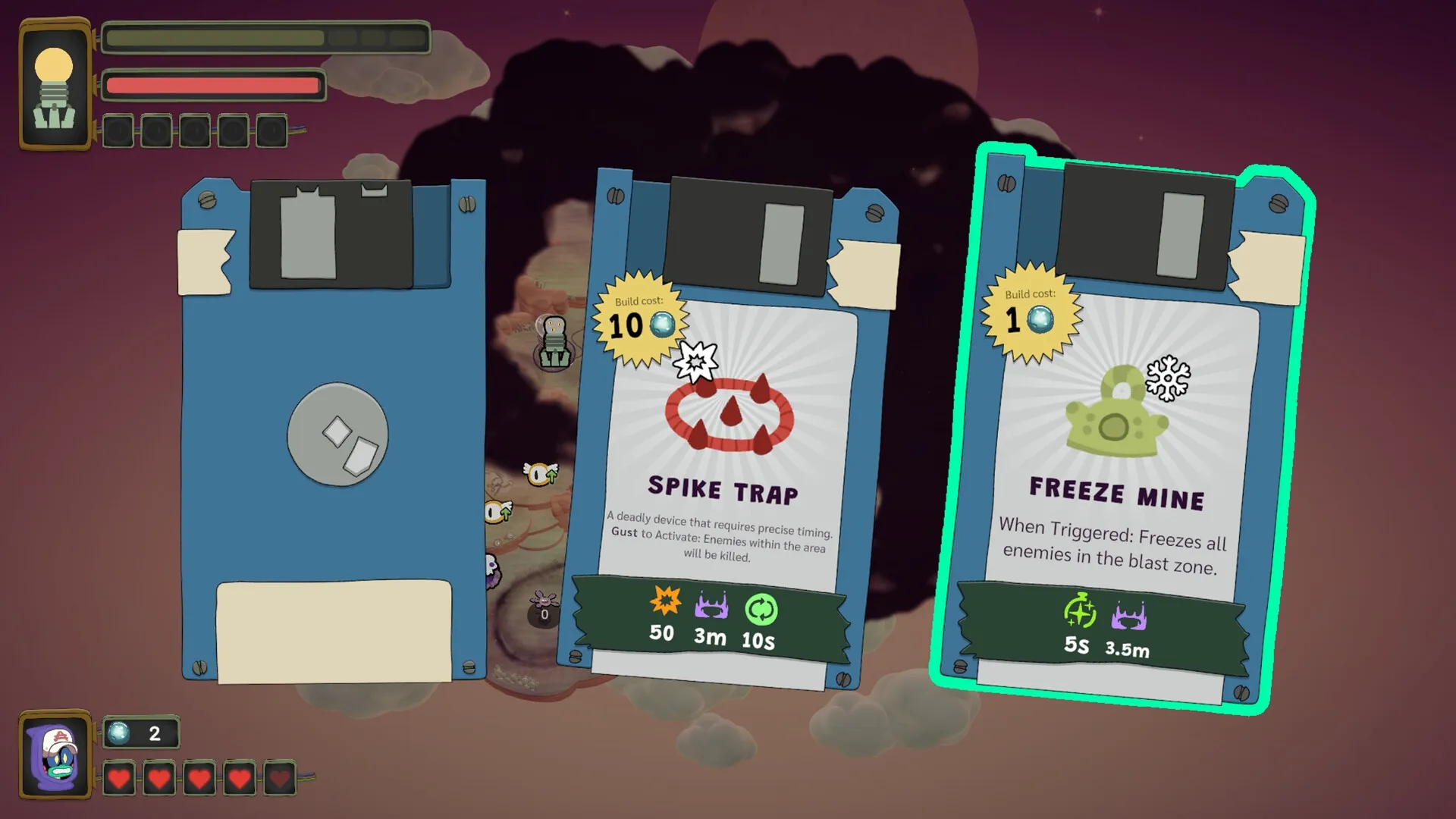 Tempest Tower: In-game cards display Spike Trap and Freeze Mine options with details against night sky.