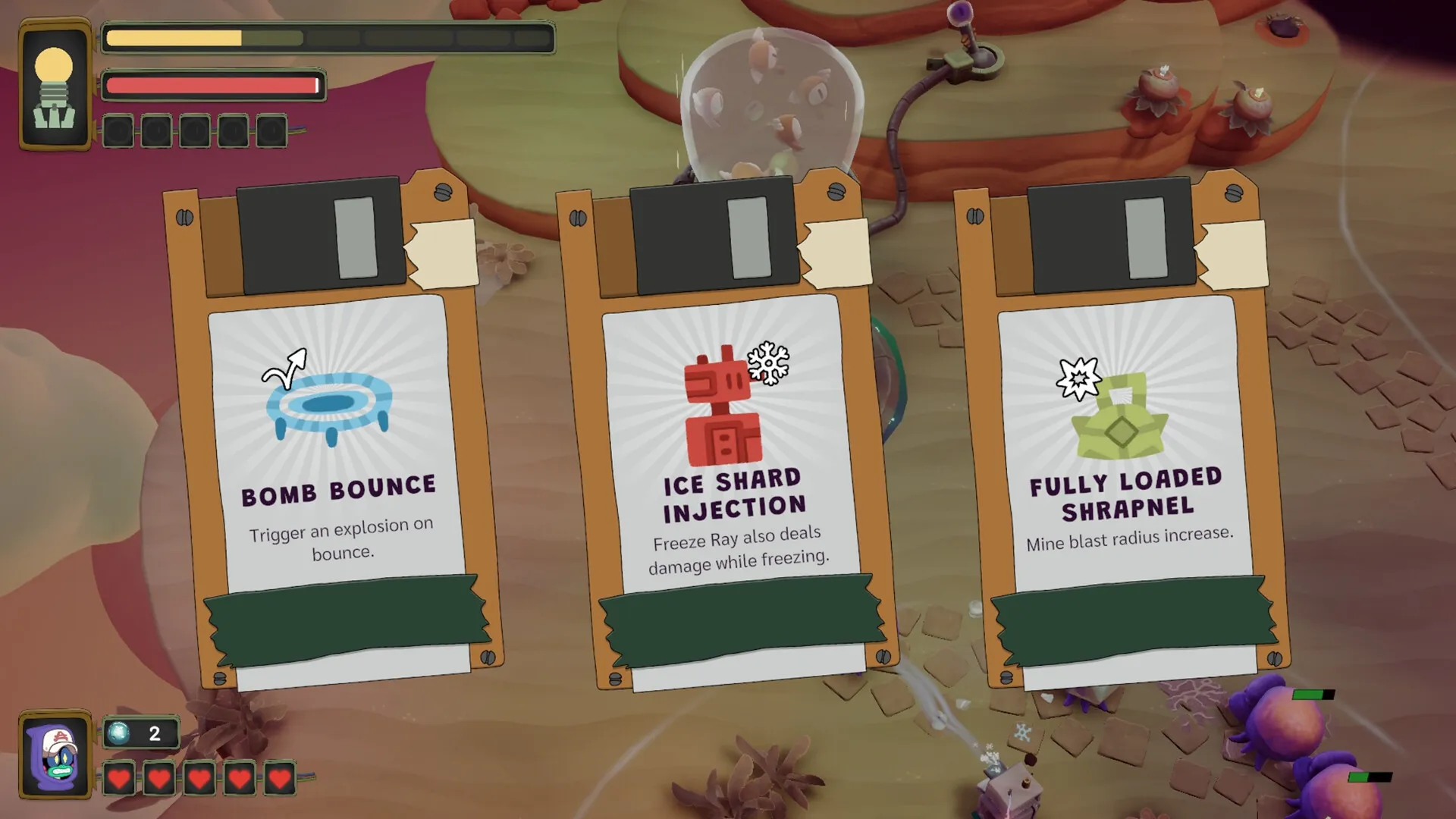 Tempest Tower: Three upgrade cards displayed in desert setting with health bars and Creepers below.
