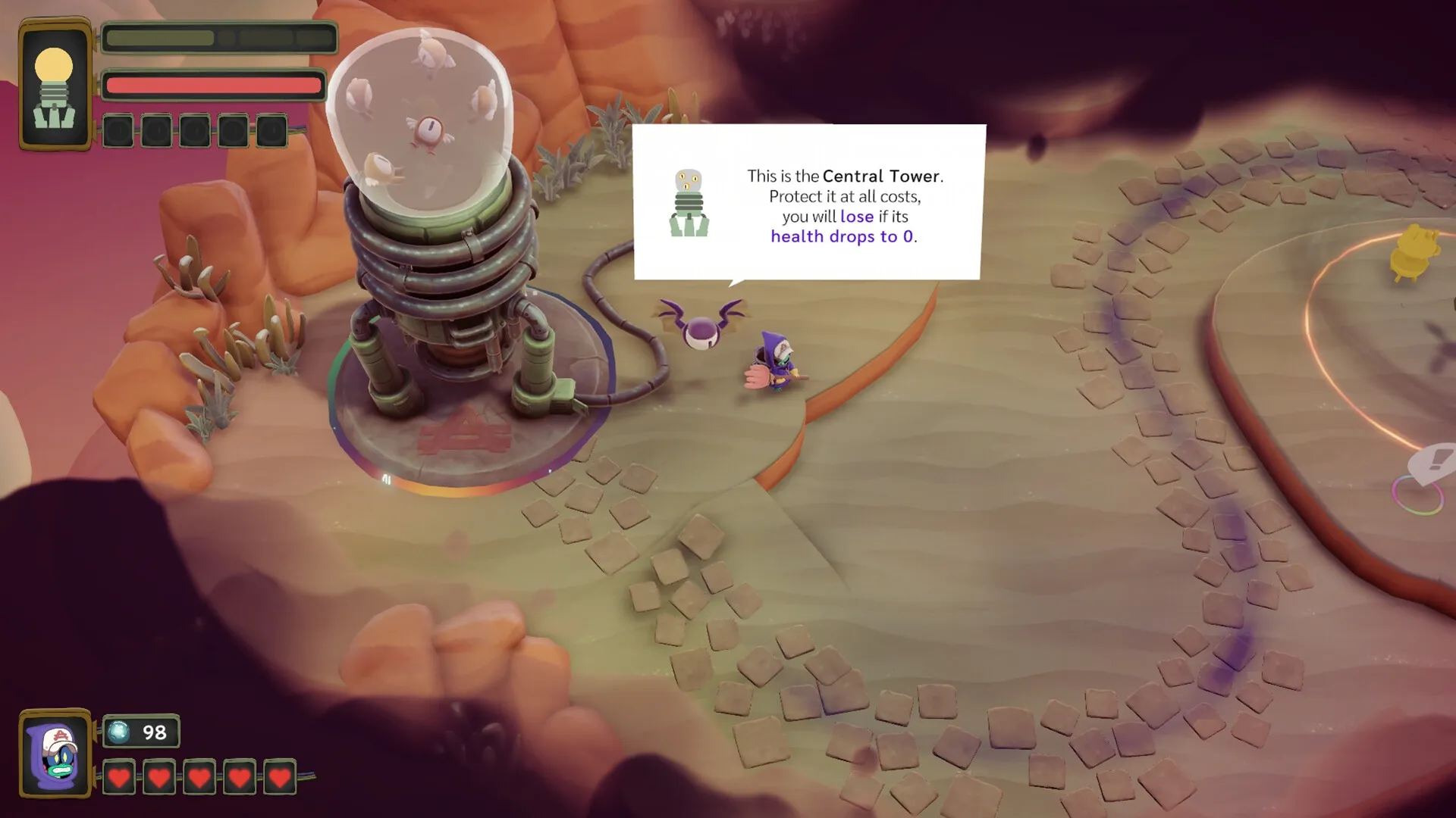 Tempest Tower: Character with broom defends Central Tower in desert landscape with health bar displayed