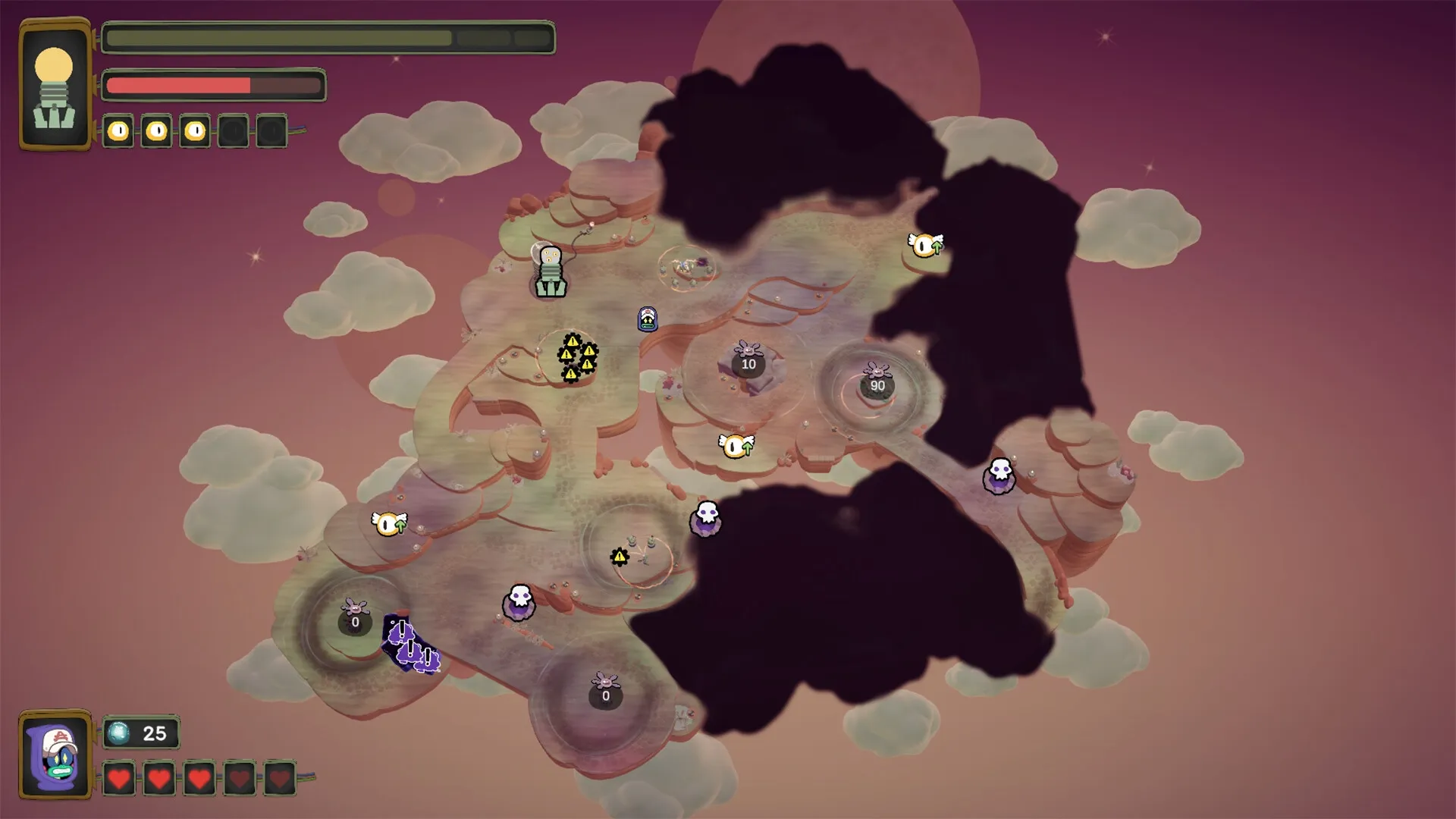 Tempest Tower: Overhead map view with Creepers, UI health bars, and strategic path layout in clouds