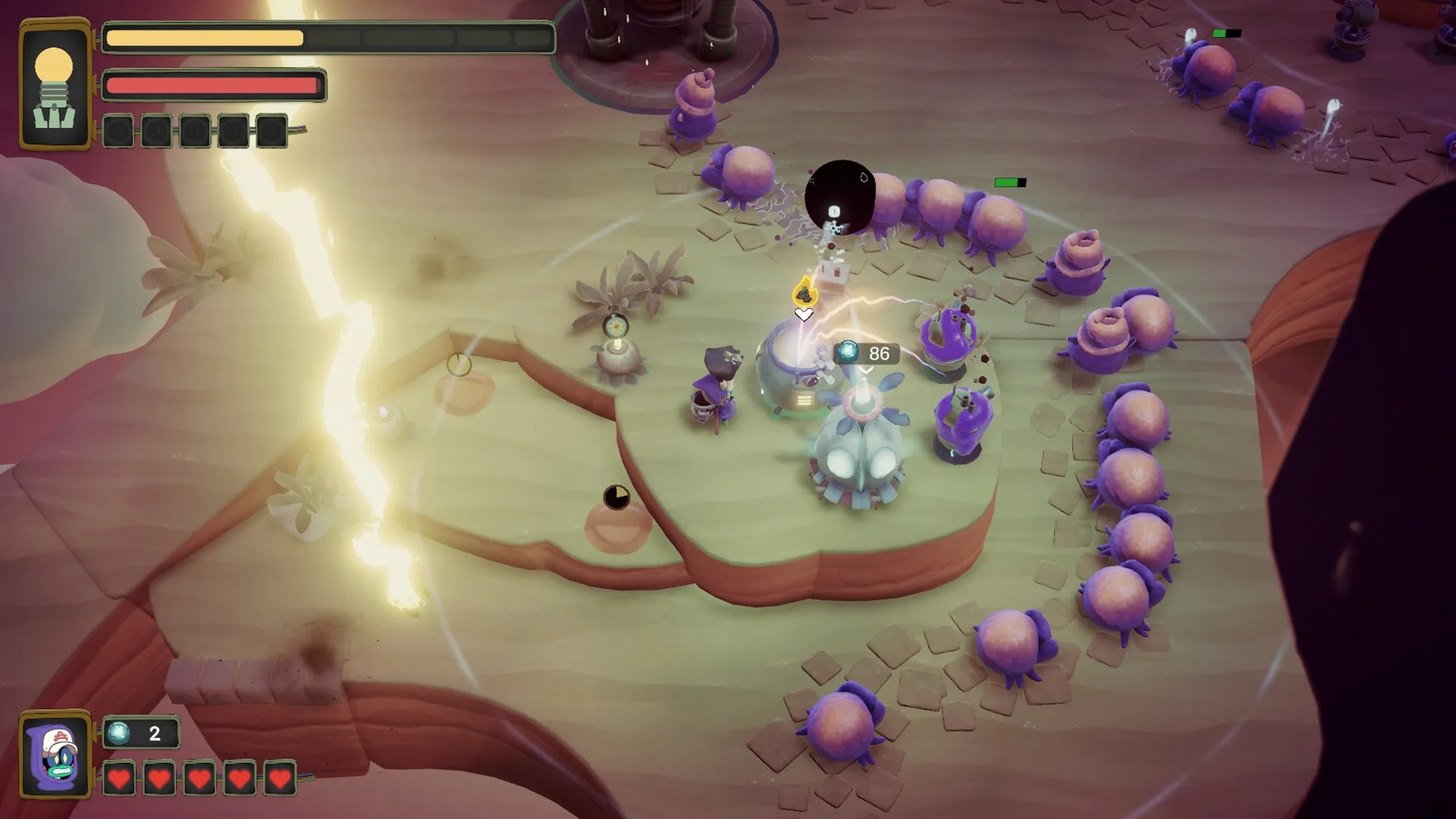 Tempest Tower: Player defends structure against Creepers with lightning and upgrades in desert terrain