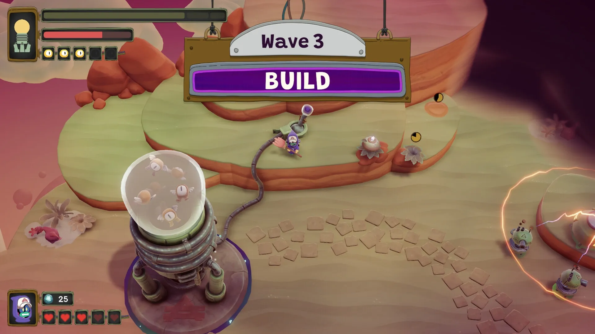 Tempest Tower: Player building defenses during Wave 3, surrounded by rocky terrain and Creepers nearby.
