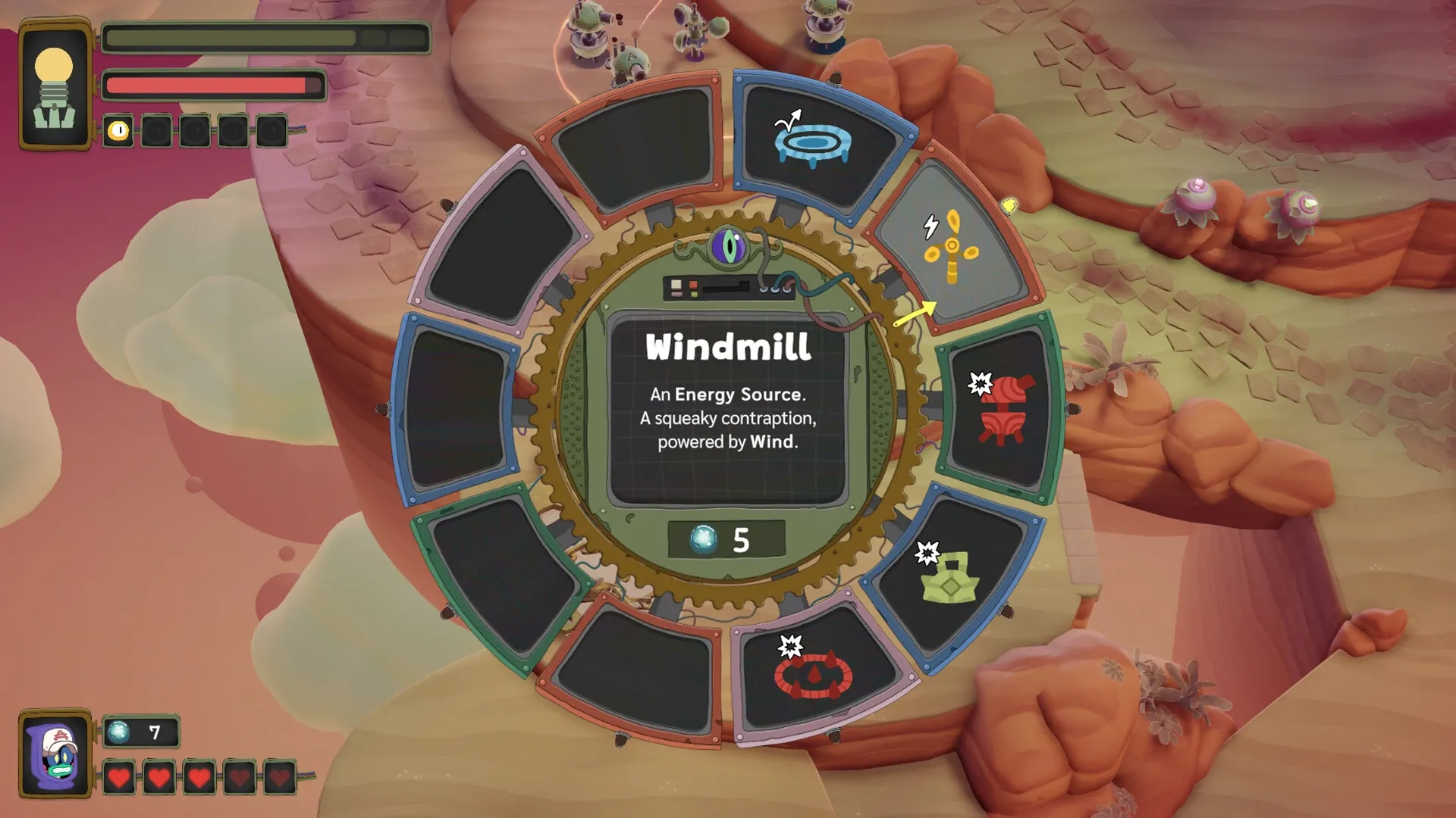 Tempest Tower: Windmill contraption selection in menu with Creepers approaching in a rocky canyon setting