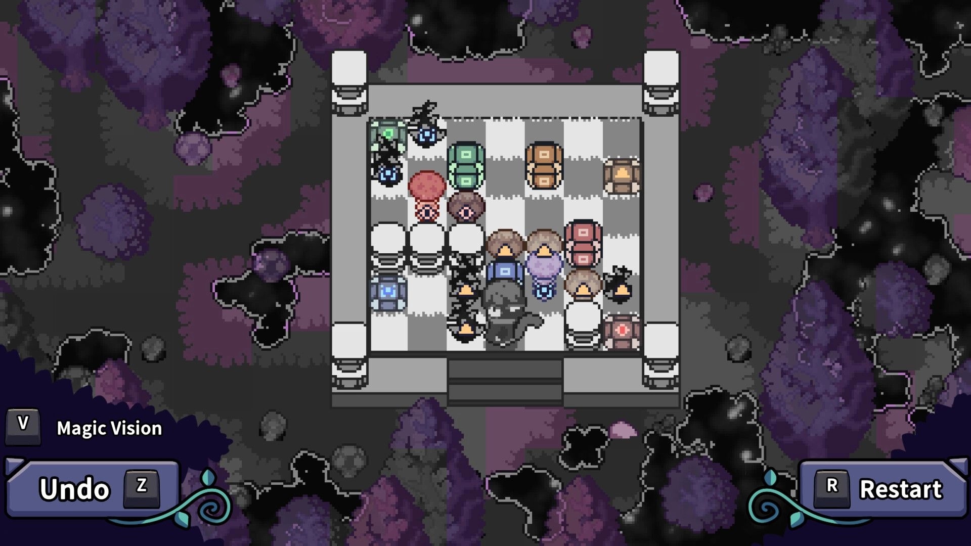 Temple of Revi: Puzzle grid with colorful blocks and character in corrupted forest setting