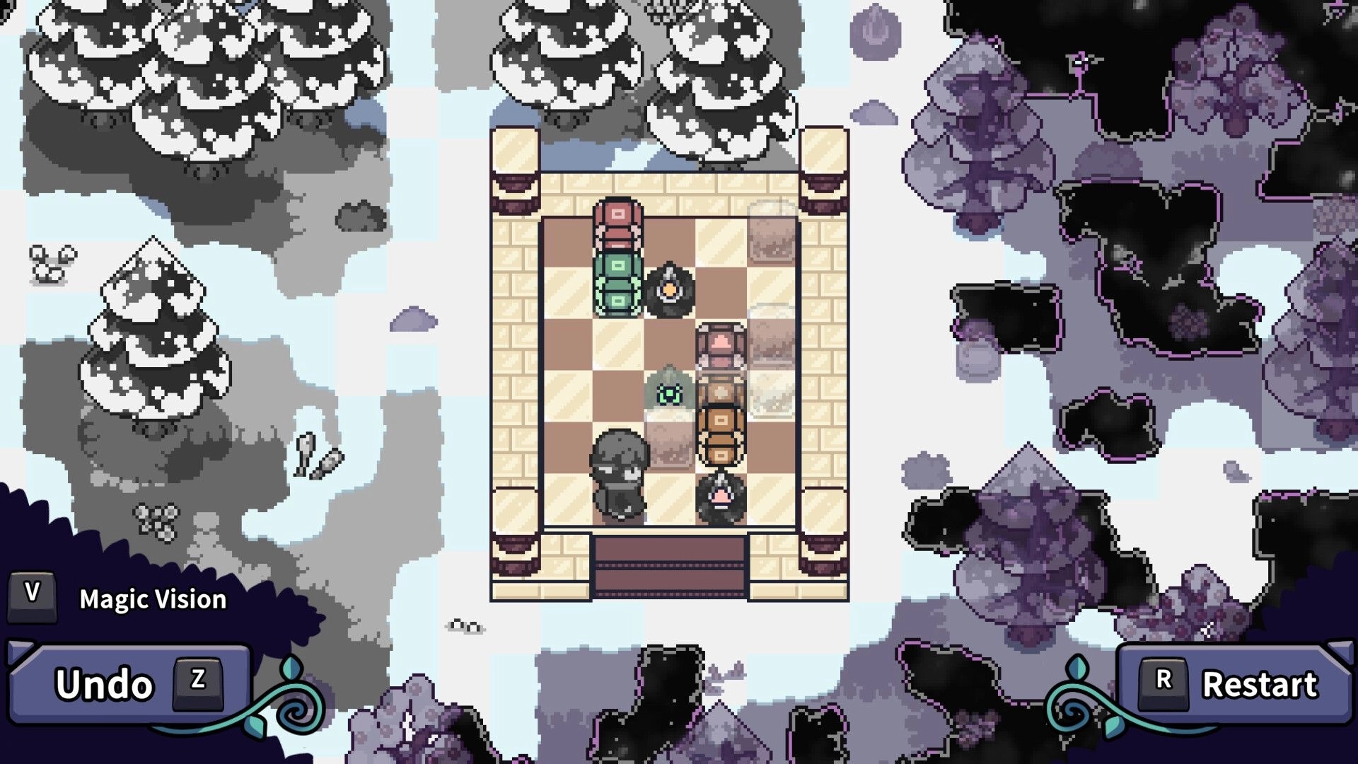 Temple of Revi: Revi places colorful magic generators on a snowy platform surrounded by dark trees.
