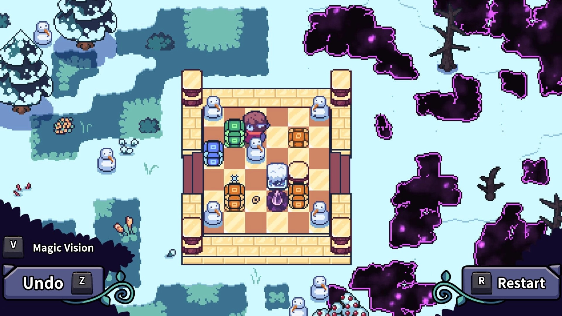 Temple of Revi: Revi arranging magic generators on a snowy platform surrounded by dark corruption patches.