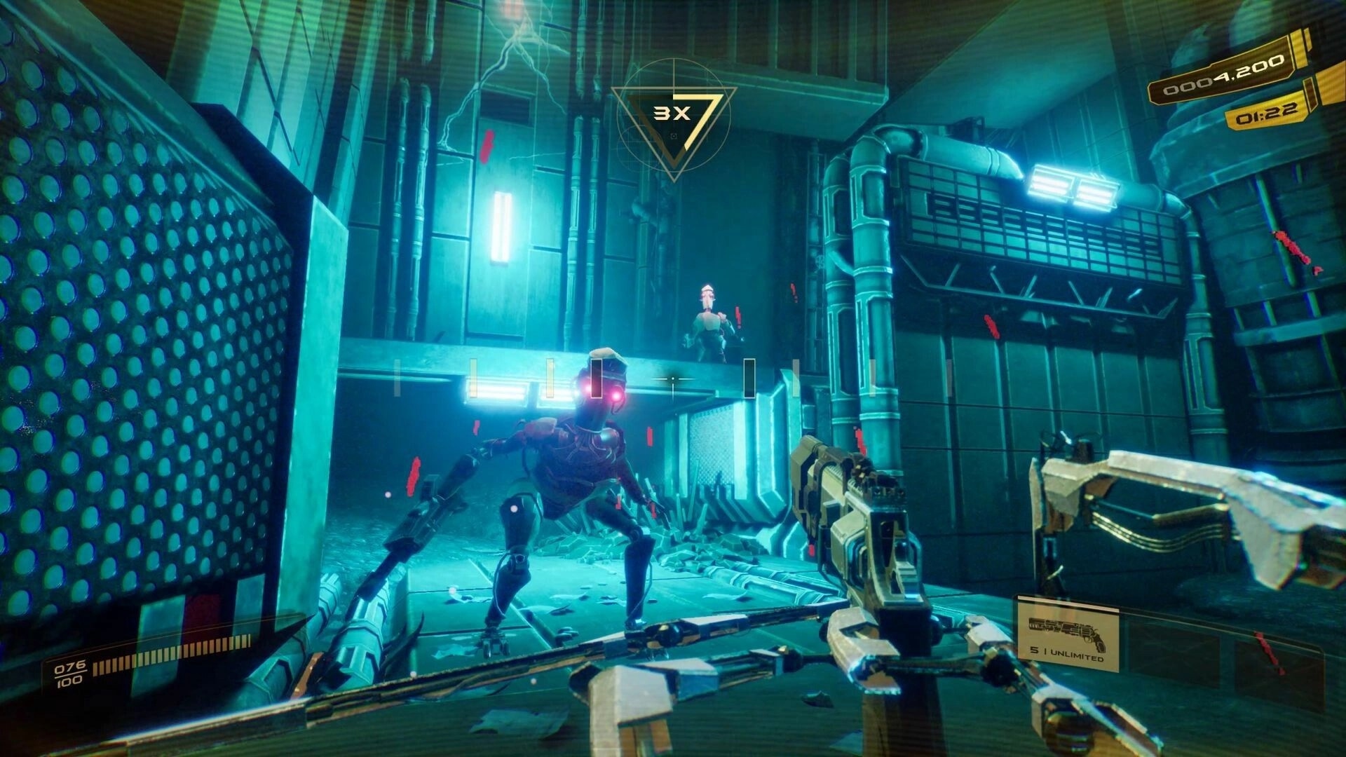 Tempo Punk: Player targets a biomechanical enemy in a neon-lit corridor with HUD showing ammo count