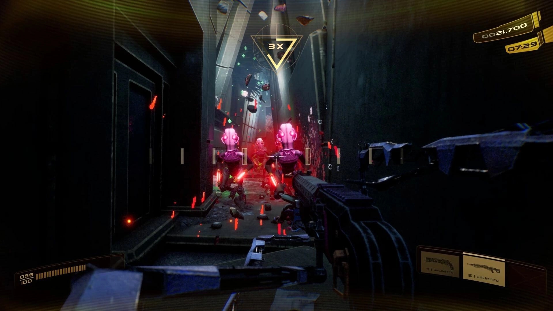 Tempo Punk: First-person combat with biomechanical enemies in a dark, narrow cyberpunk alleyway.