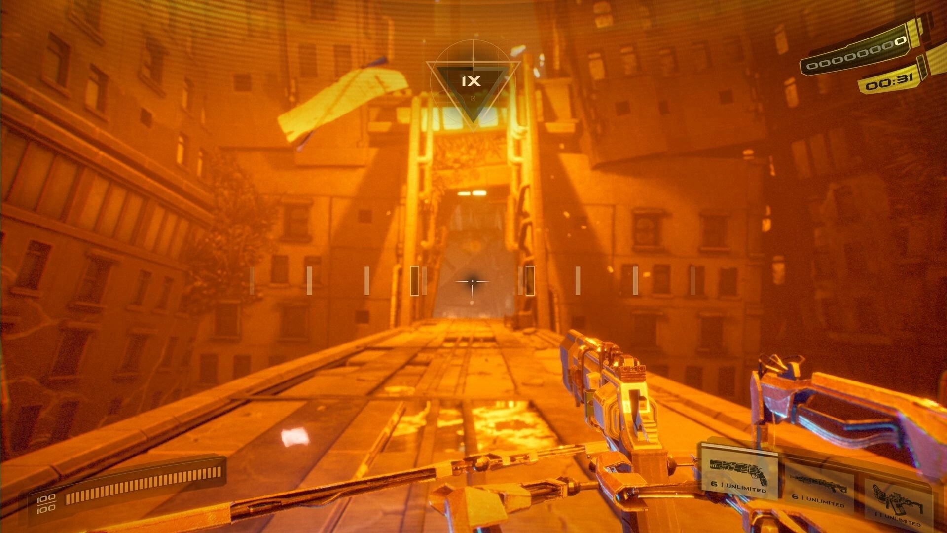 Tempo Punk: First-person view with weapon aimed at a glowing bridge in a cyberpunk city environment