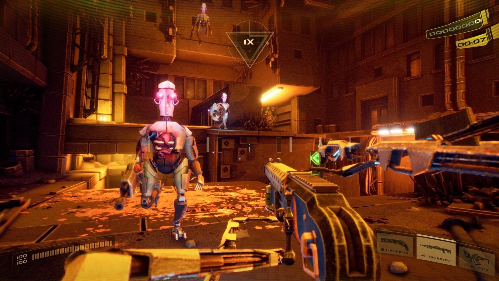 Tempo Punk: First-person combat with biomechanical enemies in a neon-lit urban environment