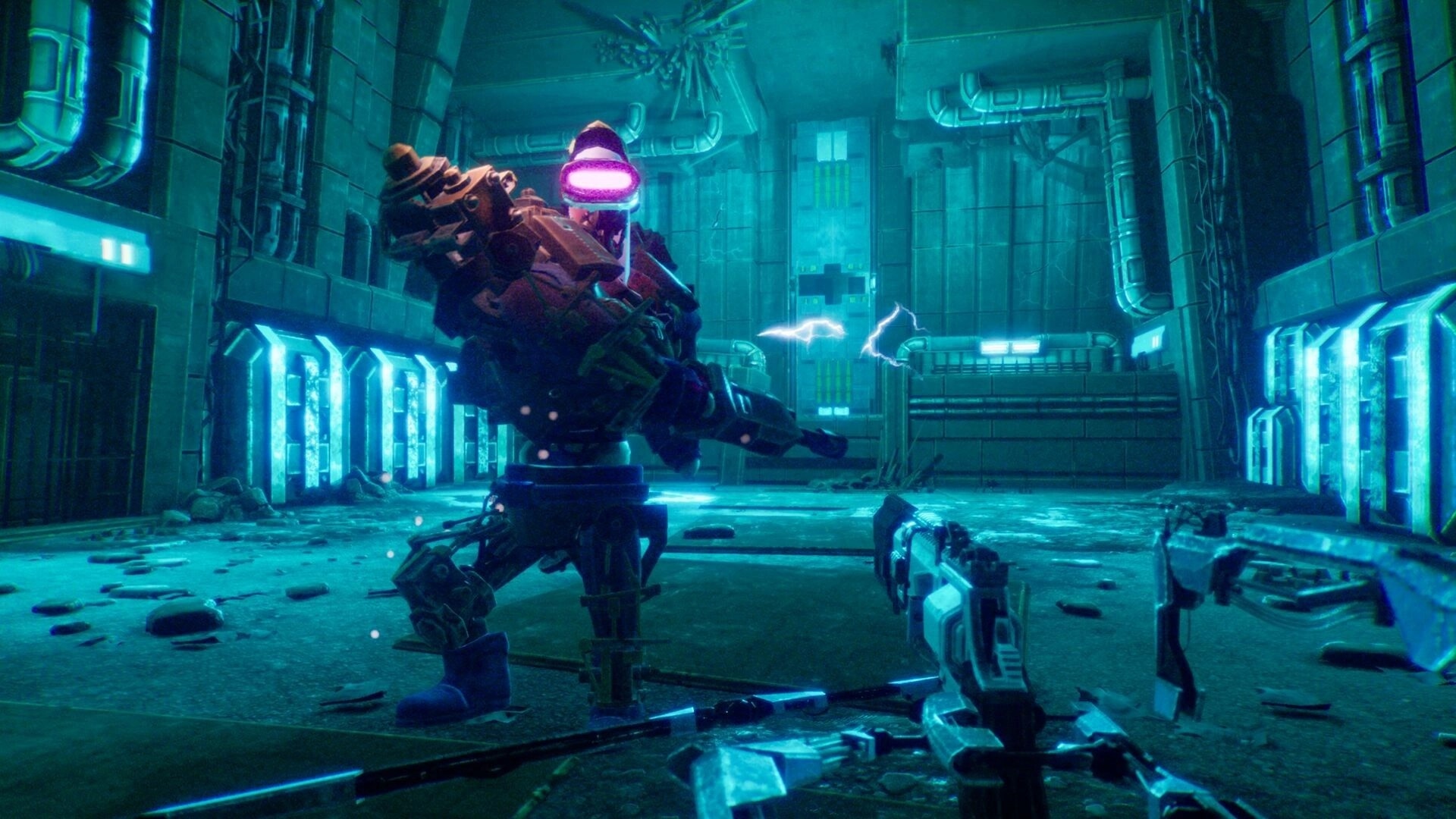 Tempo Punk: Player aims weapon at towering biomechanical boss in neon-lit industrial arena