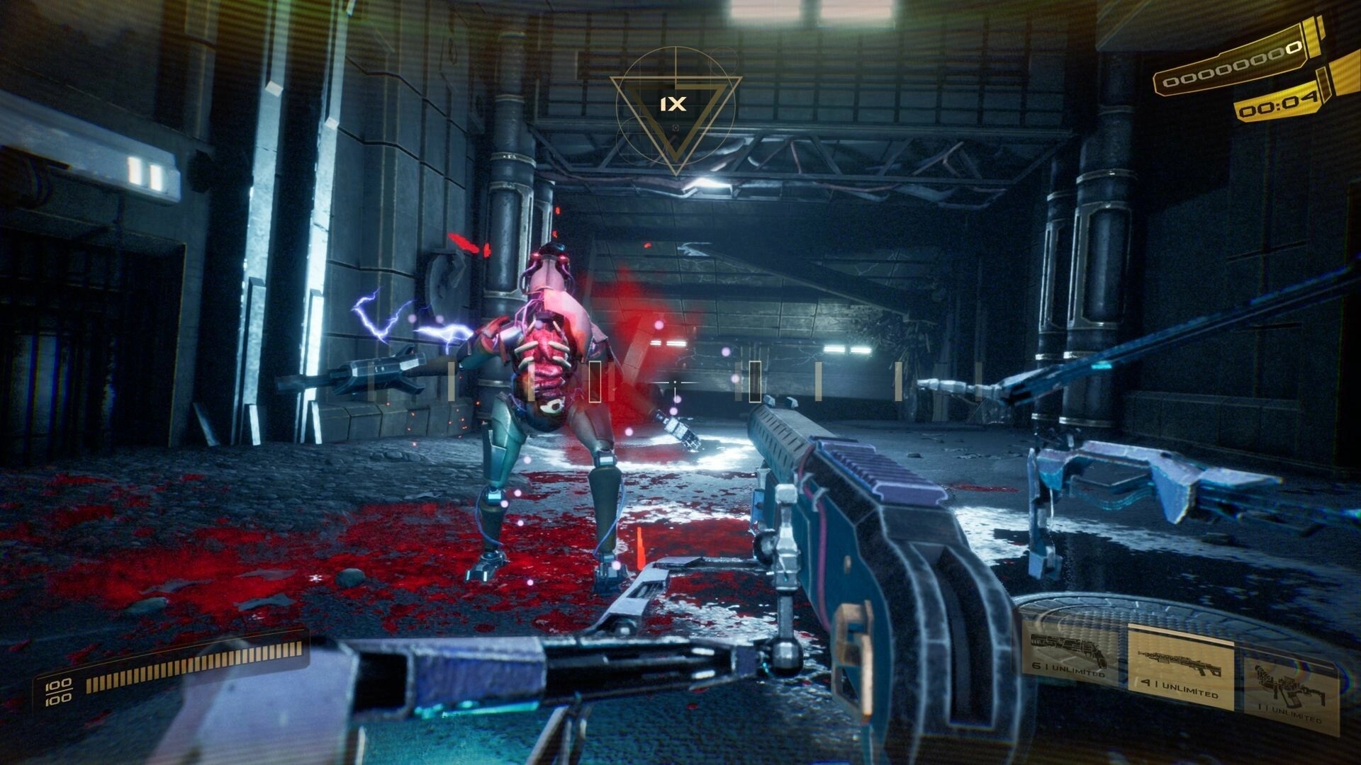 Tempo Punk: First-person combat with biomechanical boss in a dimly lit industrial corridor environment