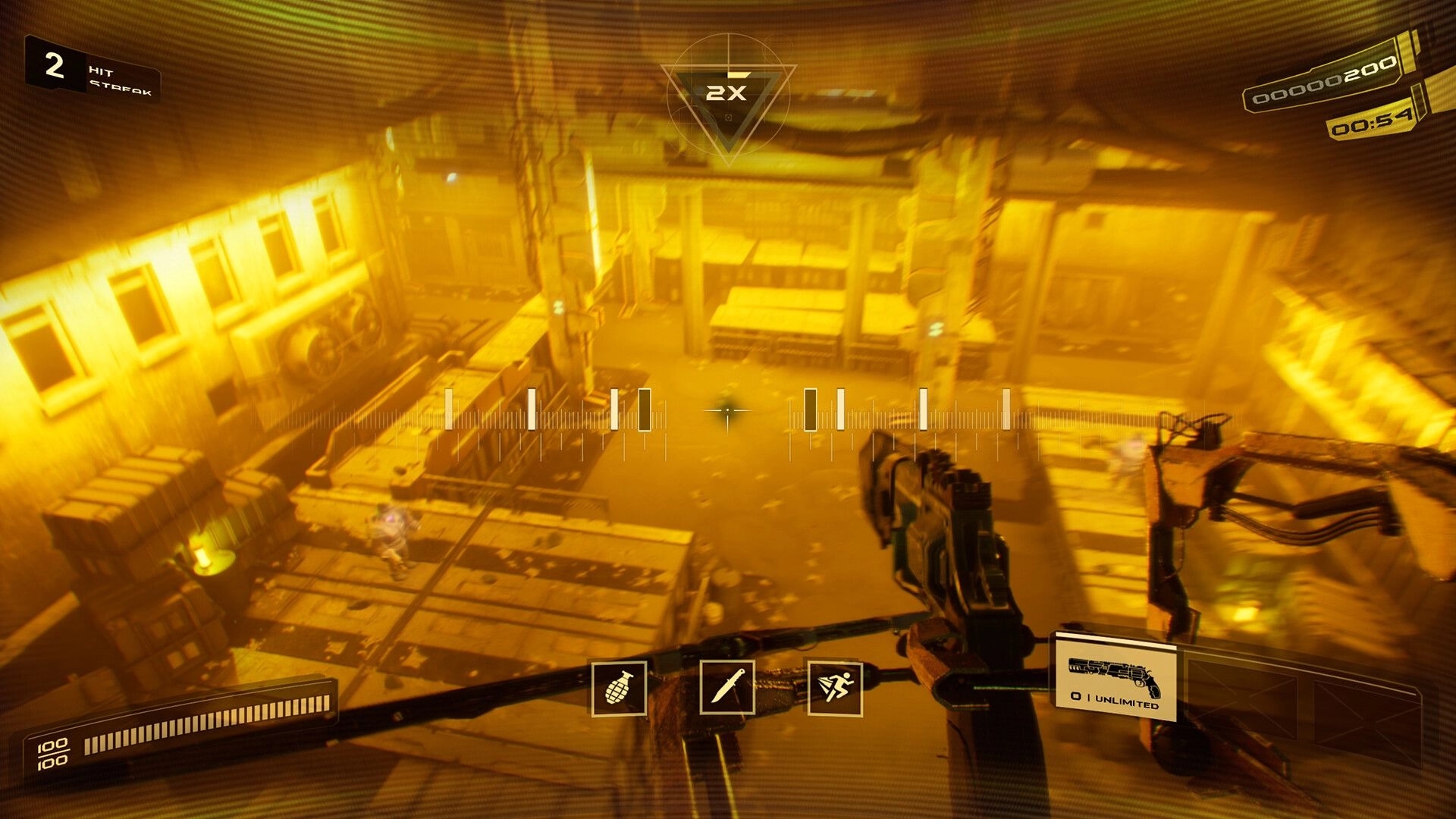 Tempo Punk: First-person view with weapon HUD in an industrial warehouse setting, showing hit streak counter.