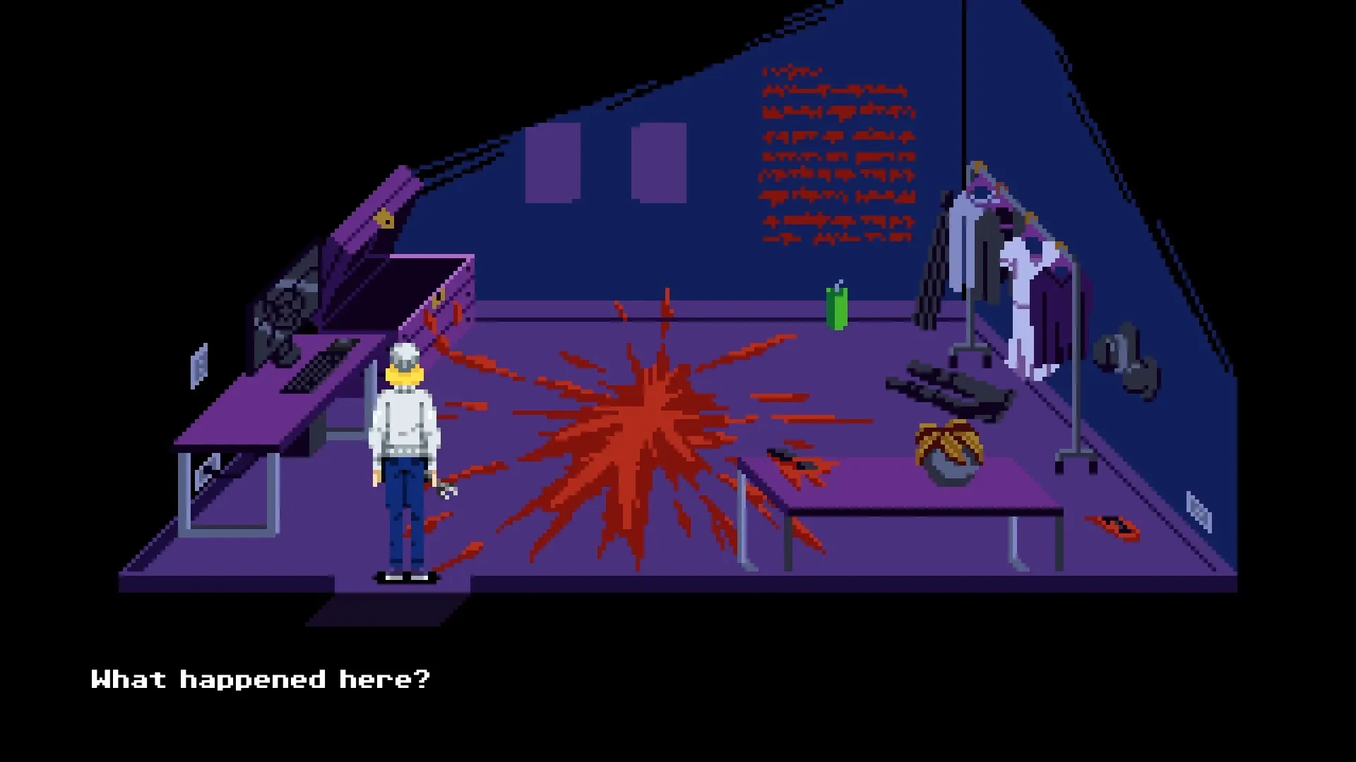 Tenebris Somnia: Character examines bloodstain in dim room with computer and clothing rack.