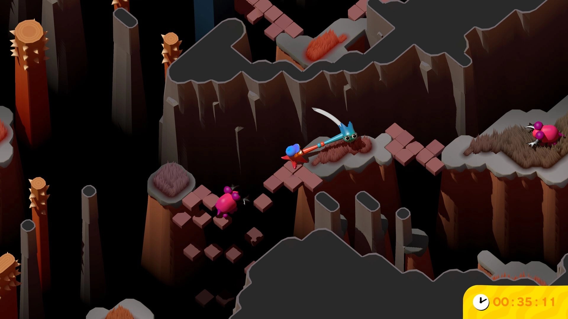 Tentacle Tango: Ten & Tango swing over gaps in a rocky canyon with enemy crabs and spiked columns.