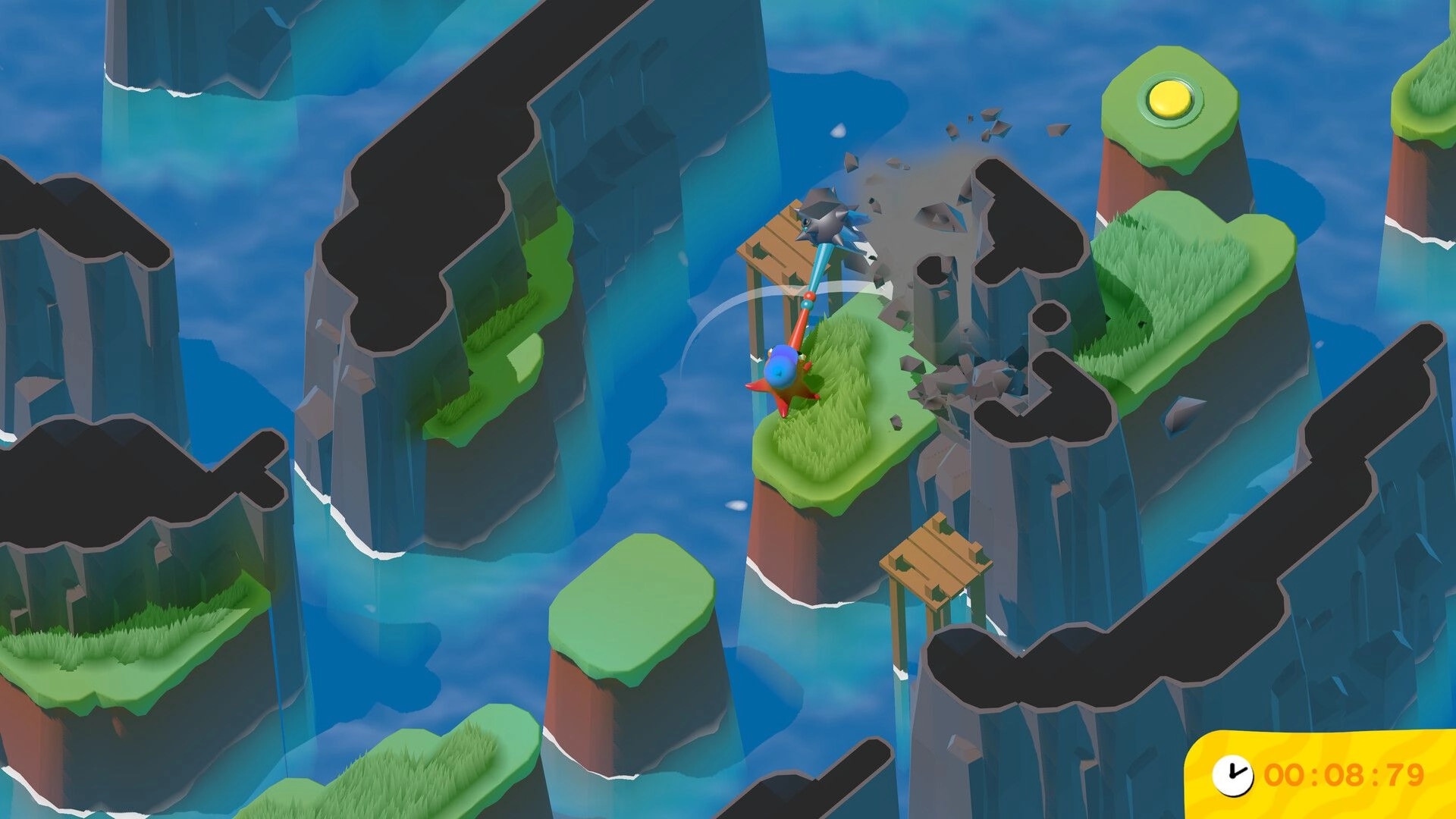 Tentacle Tango: Ten & Tango swing through rocky cliffs above water, dodging obstacles in timed challenge.