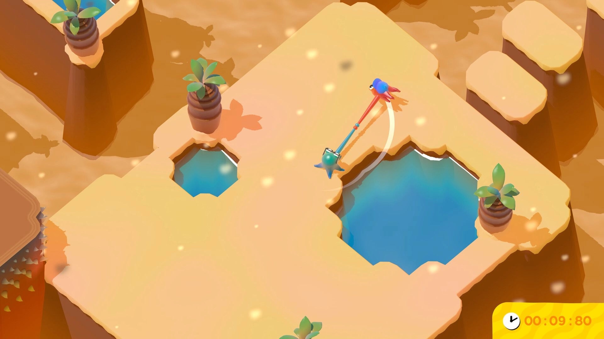 Tentacle Tango: Ten swings around Tango over a desert oasis with palm trees and a timer at 09:80