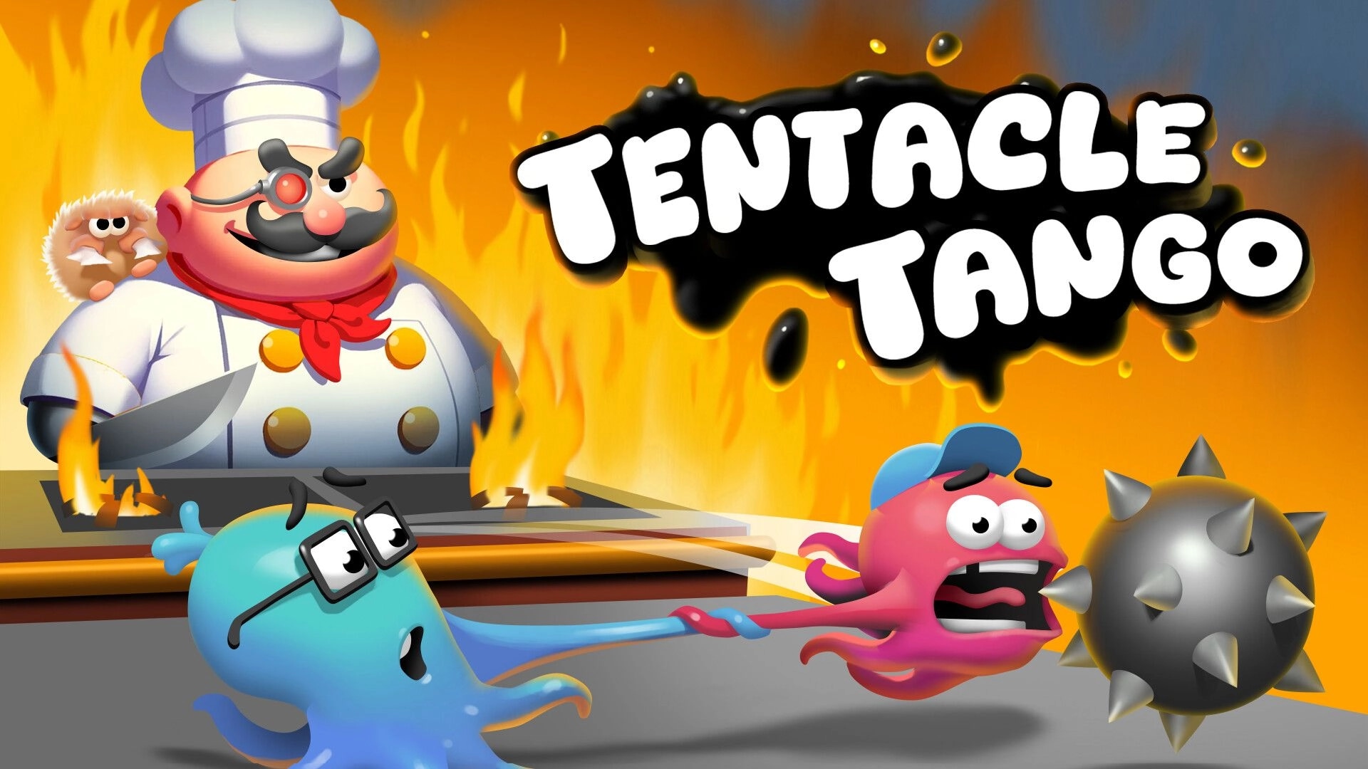 Tentacle Tango: Ten and Tango evade spiked ball in fiery kitchen with evil chef Murgo looming behind.