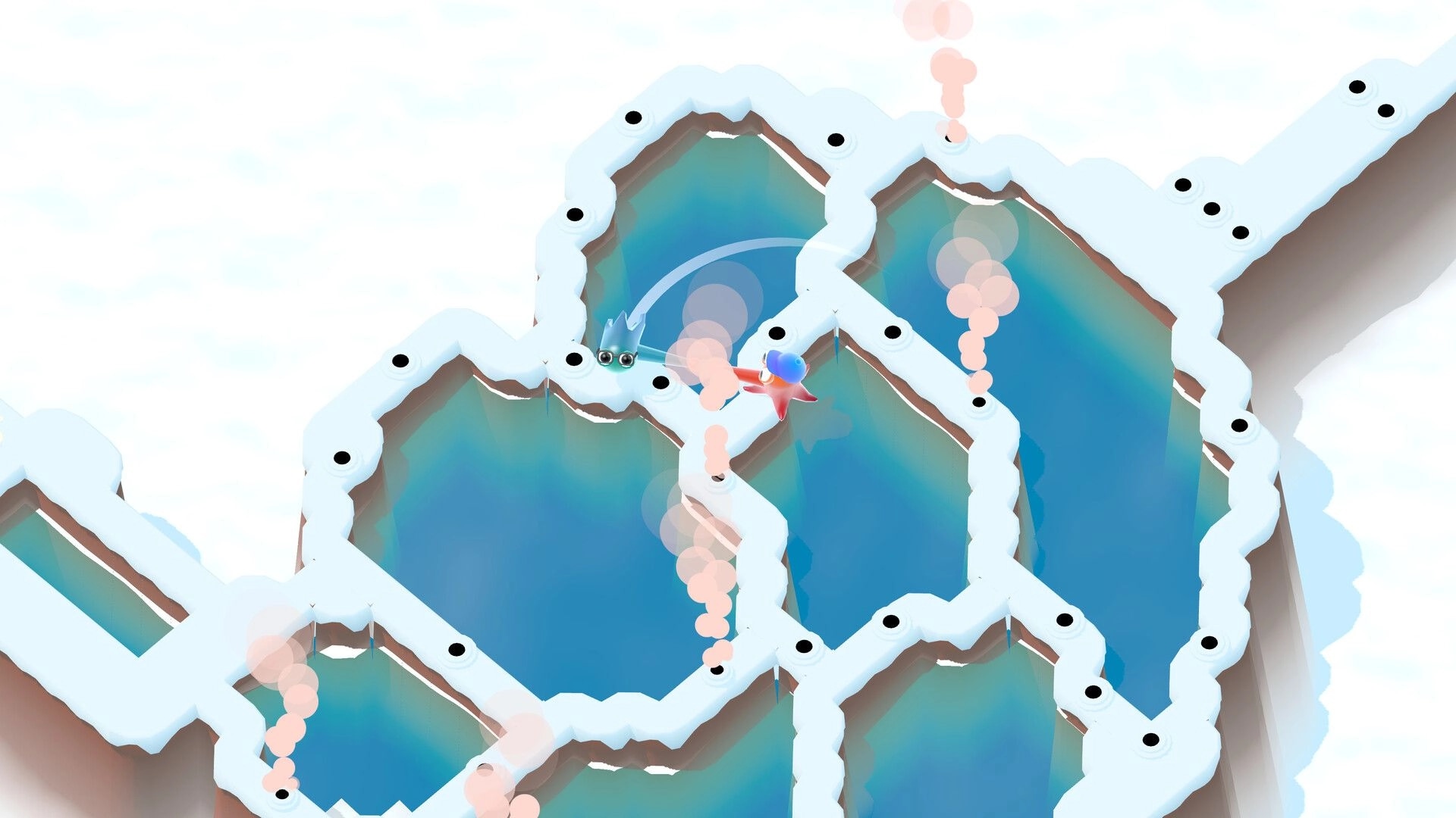 Tentacle Tango: Ten & Tango jump across icy platforms with enemies in a snowy, maze-like environment.