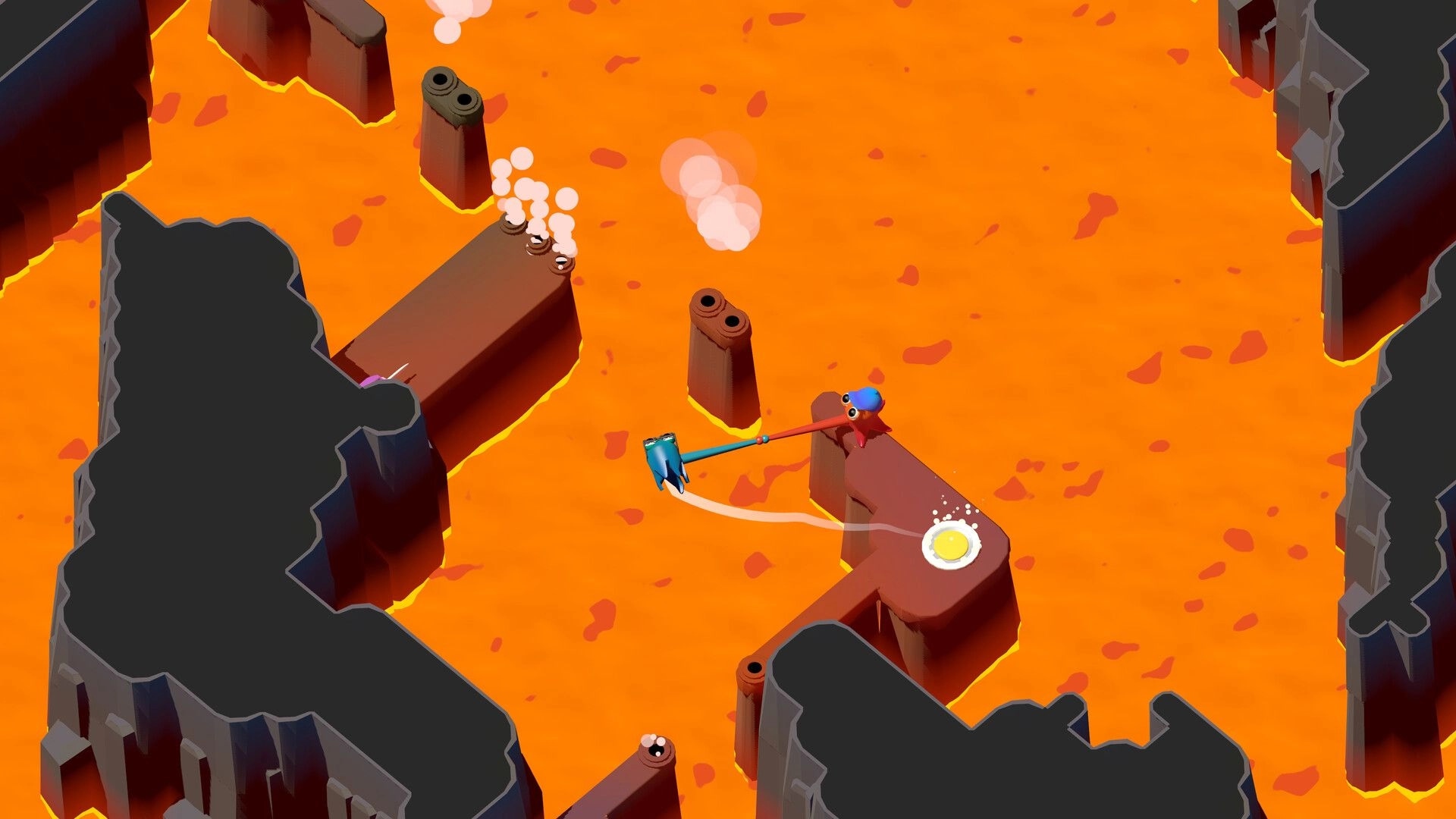 Tentacle Tango: Ten and Tango swing over a lava-filled chasm, aiming for a glowing target on a platform.
