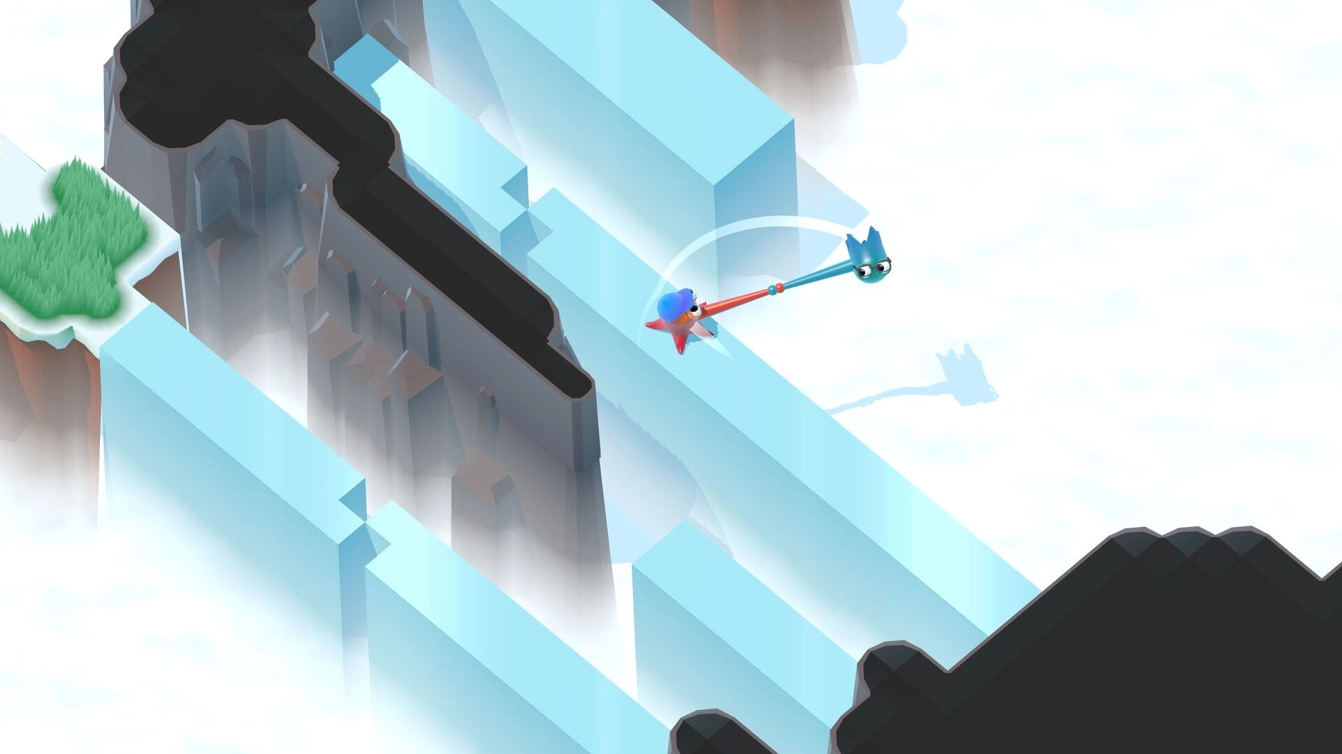 Tentacle Tango: Ten and Tango swing across icy chasm using tentacles in a misty cliffside level