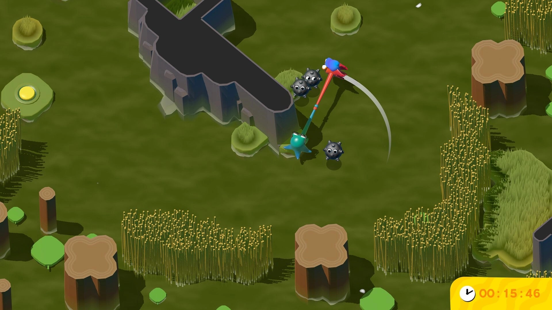 Tentacle Tango: Ten and Tango swing through grassy terrain, dodging spiky enemies, timer on screen.