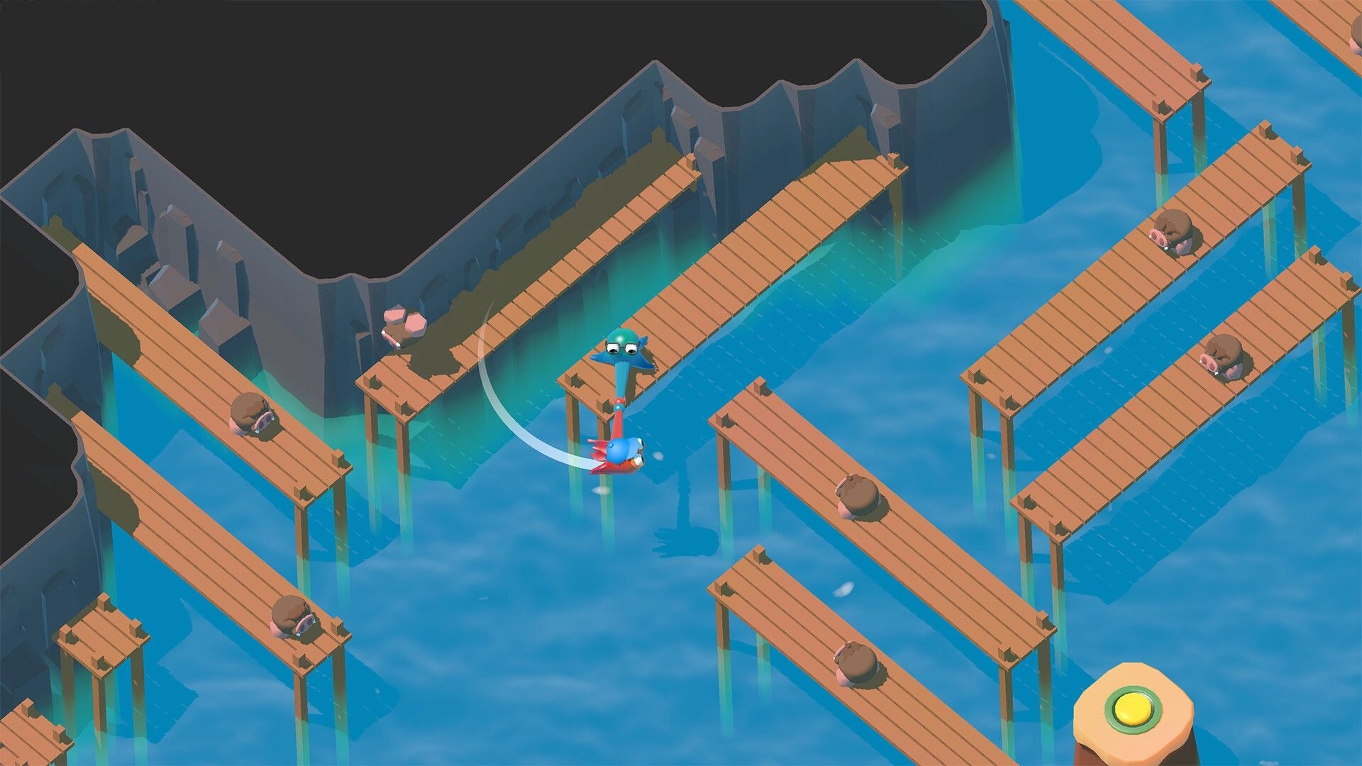 Tentacle Tango: Ten and Tango swing across wooden platforms over water, avoiding obstacles and enemies.