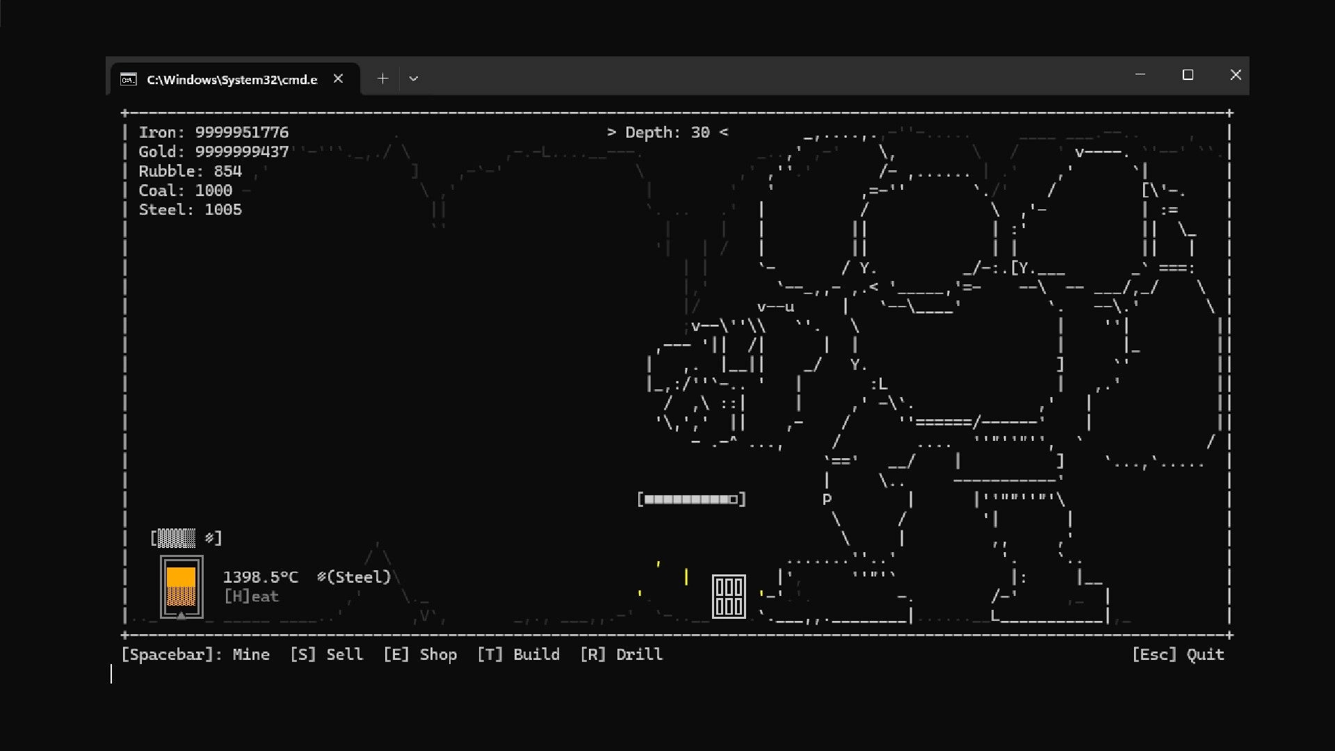 Terminal Descent: ASCII mining interface with resource stats, depth 30, and furnace heating steel