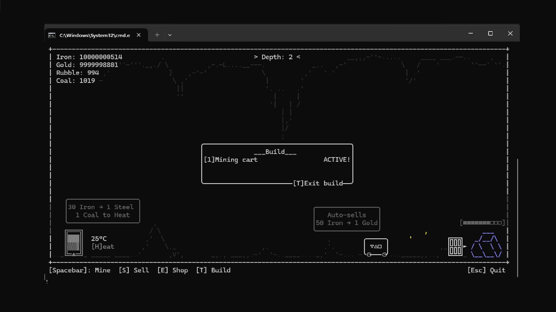 Terminal Descent: Mining cart and resource stats at depth 2 in ASCII art interface.