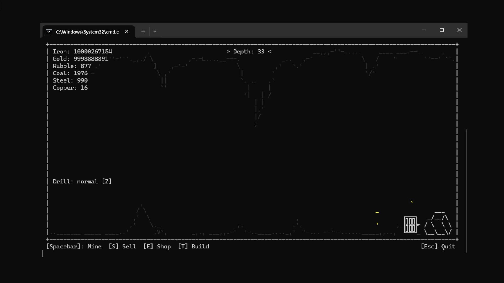 Terminal Descent: Resource stats and depth display with mining options in a command-line interface