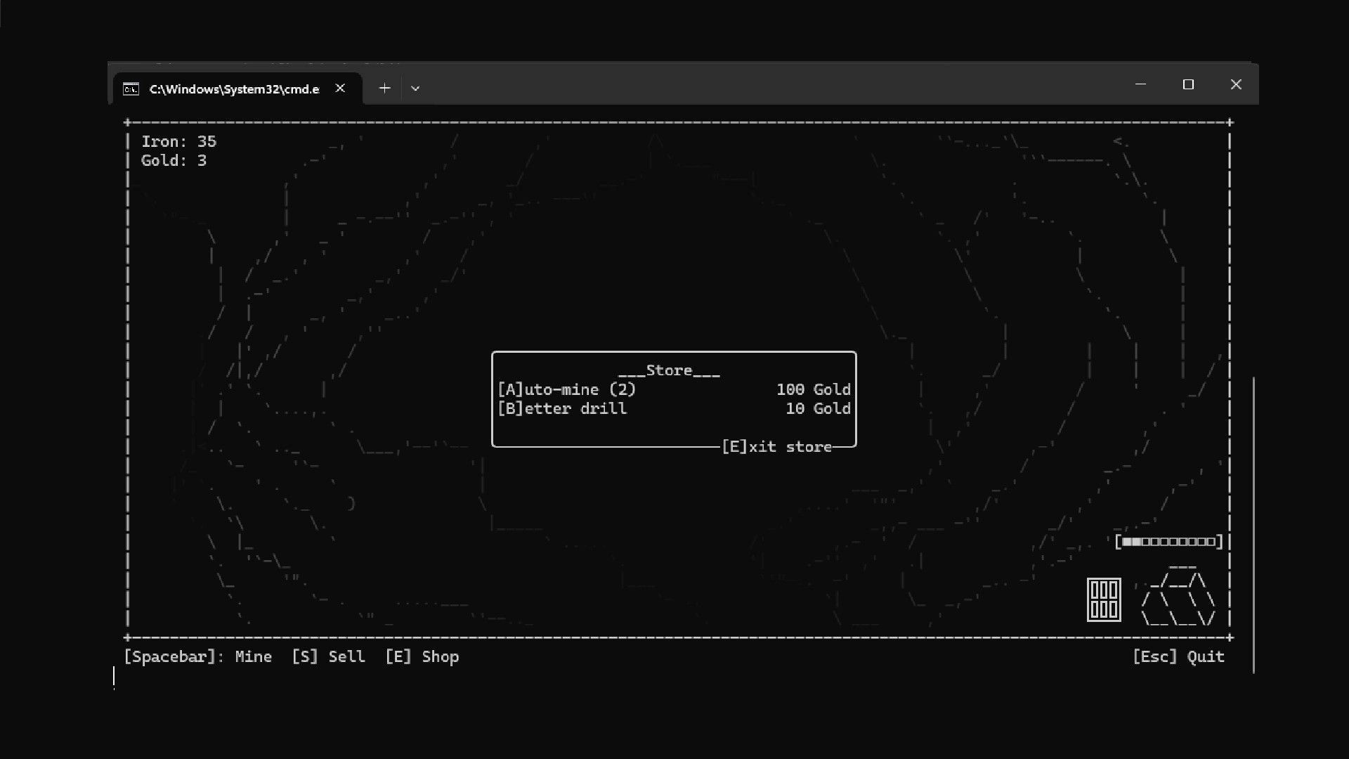 Terminal Descent: Store menu with upgrade options for auto-mine and better drill in ASCII cave setting