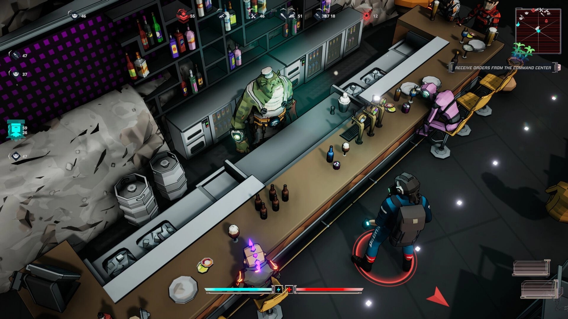 Terminal Earth: Characters interact at a futuristic bar with drinks and a large creature bartender