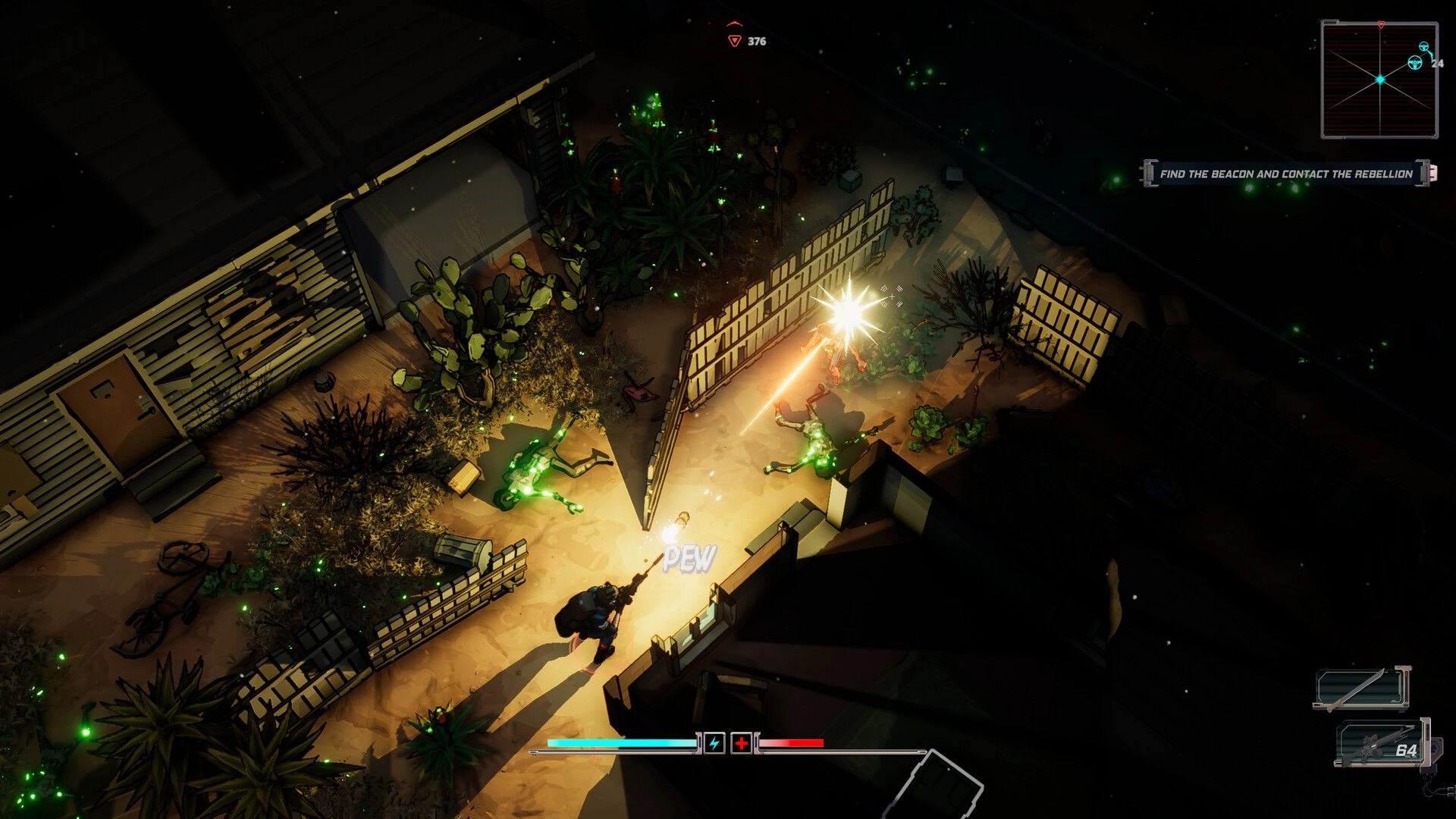 Terminal Earth: Player shooting enemies in a nighttime garden with mission objective displayed on screen.