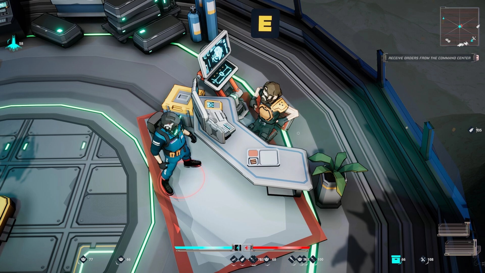 Terminal Earth: Two characters at a command console receiving orders in a futuristic control room.