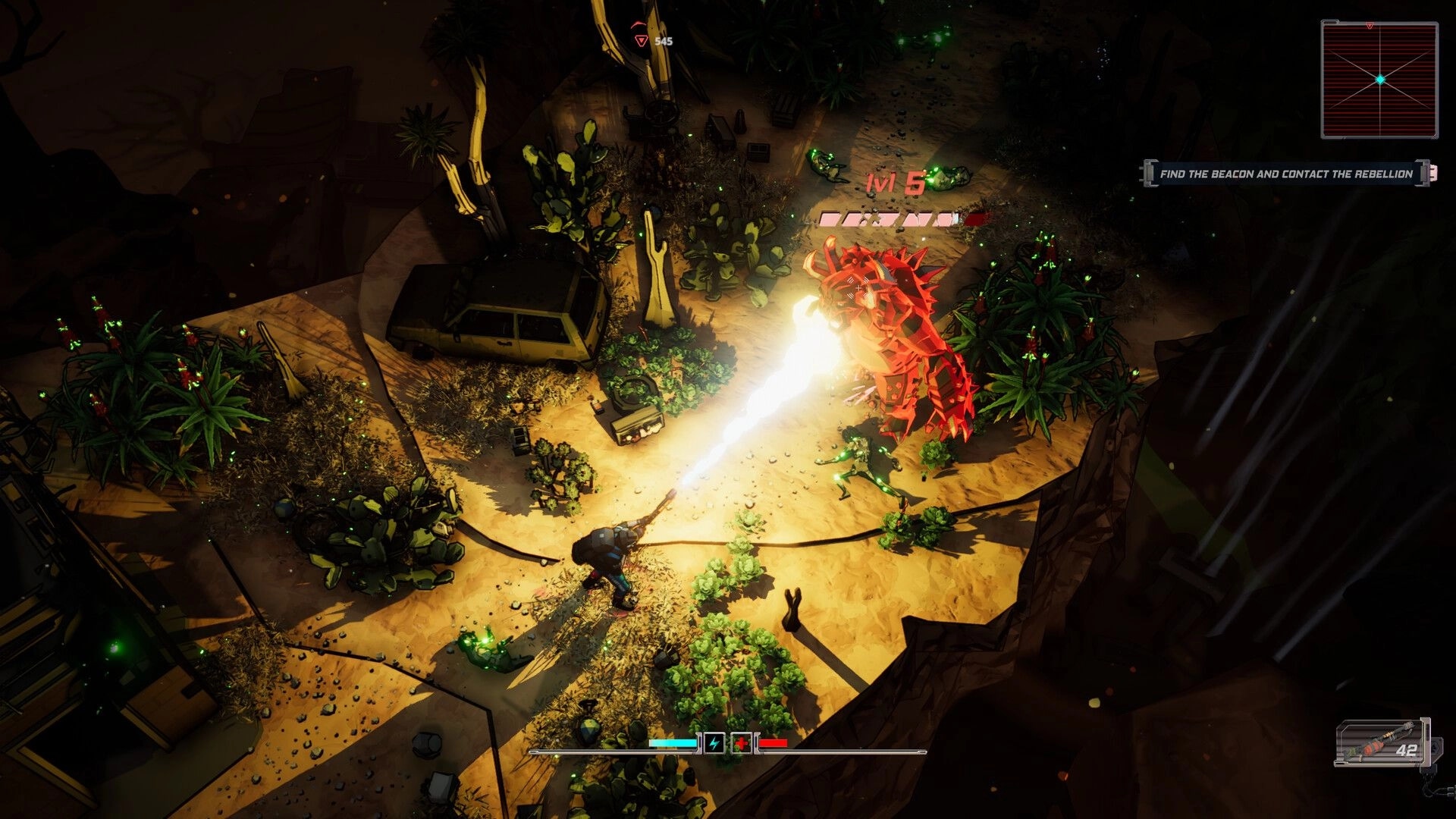 Terminal Earth: Player fires a weapon at a level 5 enemy in a desert setting with scattered vegetation.