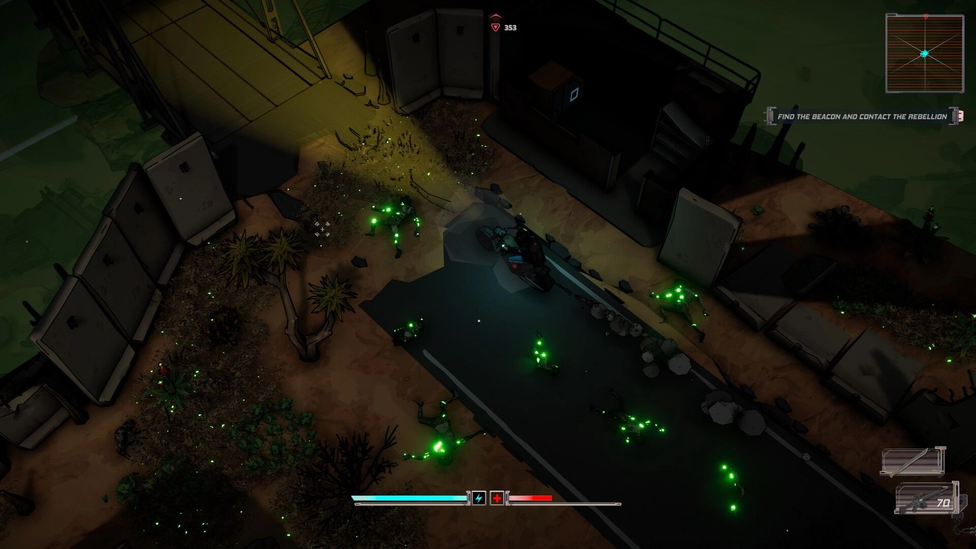 Terminal Earth: Player on motorcycle navigating abandoned facility with glowing green enemies nearby