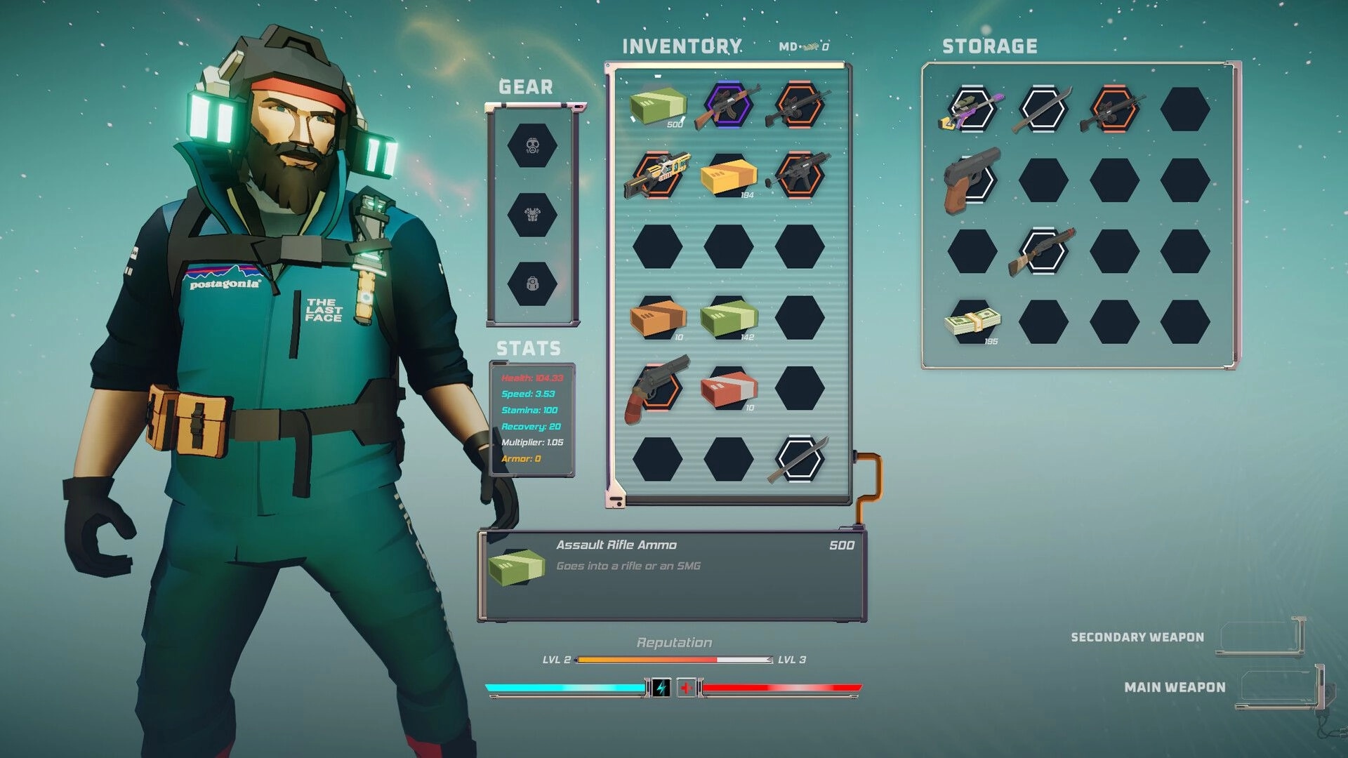 Terminal Earth: Character gear and inventory interface showing weapons, ammo, and player stats displayed
