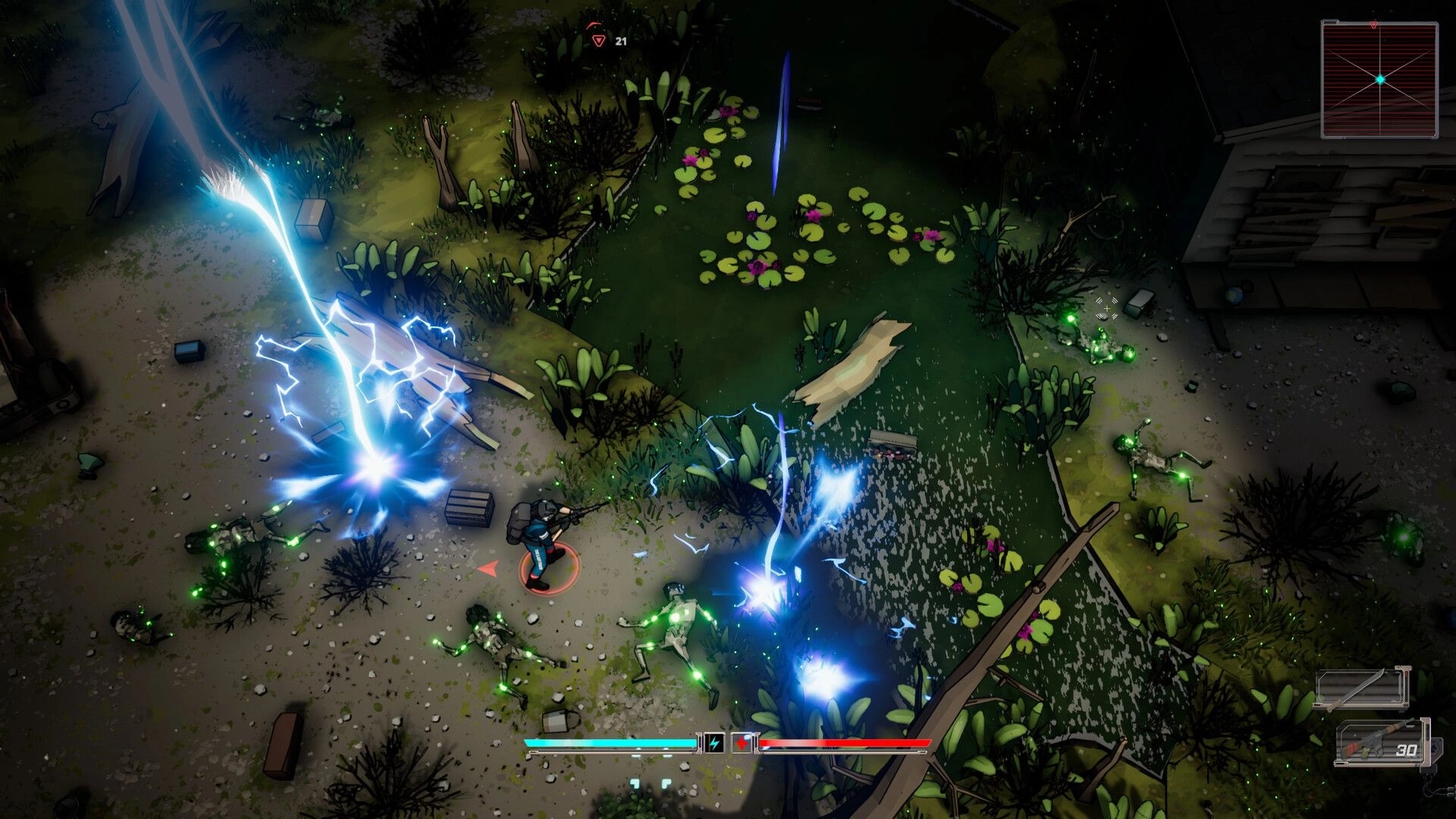 Terminal Earth: Player battles enemies with electricity powers in a lush, overgrown forest setting.